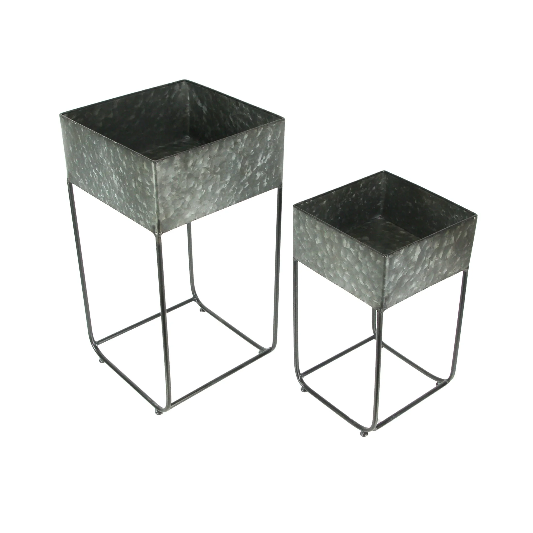 Zeckos Galvanized Zinc Finish Metal Square Planters on Stands Set of 2