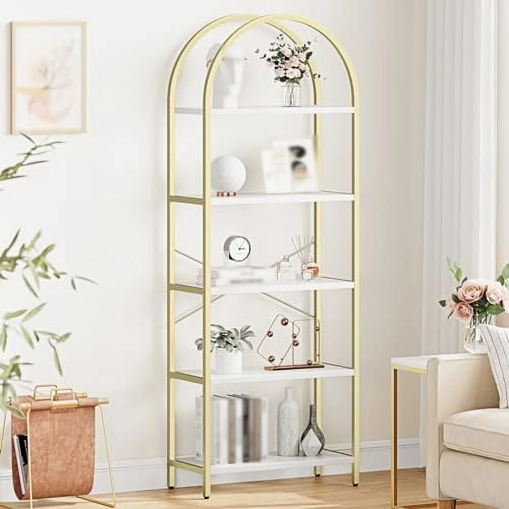 JDZHAPPYLIFE Arched Bookshelf  5-Tier Open Bookshelf  Modern Bookcase  Shelves with Metal Frame  Freestanding Display Rack Tall Shelving Unit for Bedroom  Living Room  Home Office Black F