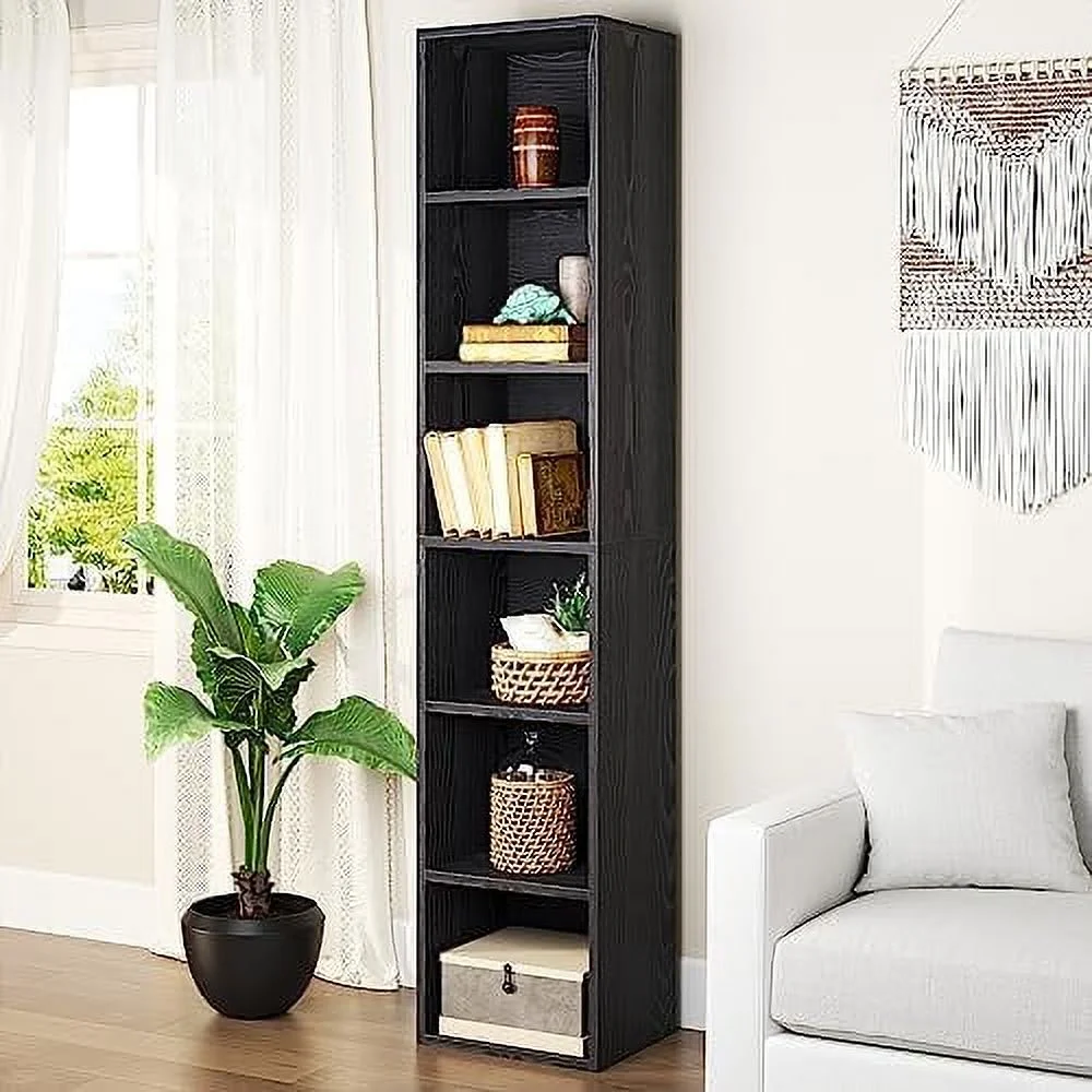 oneinmil Tall Narrow Bookshelf, 6-Tier Cube Display Rack, Modern Corner Bookshelf with Storage Space, Storage Cabinet for Home Office,Black