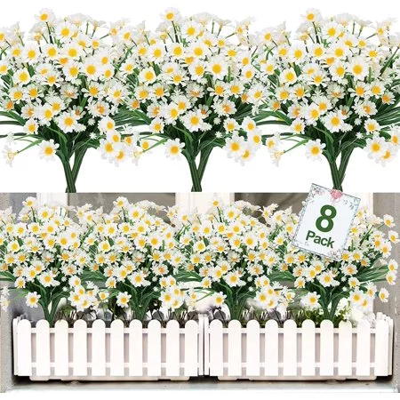 Morttic Artificial Daisies Flowers Outdoor UV Resistant 8 Bundles Fake Foliage Greenery Faux Plants Shrubs Plastic Bushes for Window Box Hanging Planter Farmhouse Indoor Outside Decor (White)
