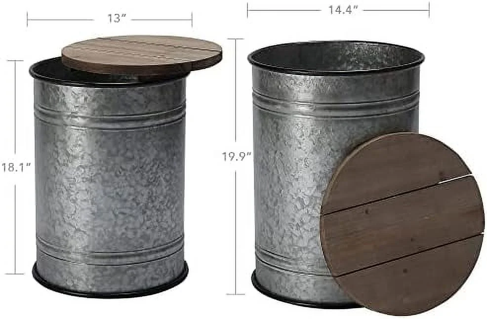 WTYNKAE Rustic  Ottoman Seat Stool  Farmhouse Accent   Antique Galvanized Metal End Table Box Bin with Round Wooden Lid  (Stand Galvanized)
