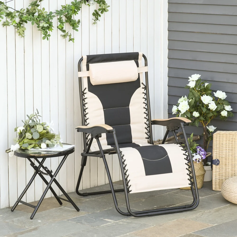 Foldable Outdoor Lounge Chair with Footrest, Oversized Padded Zero Gravity Lounge Chair with Headrest, Cup Holders, Armrests for Camping, Lawn, Garden, Pool, Beige