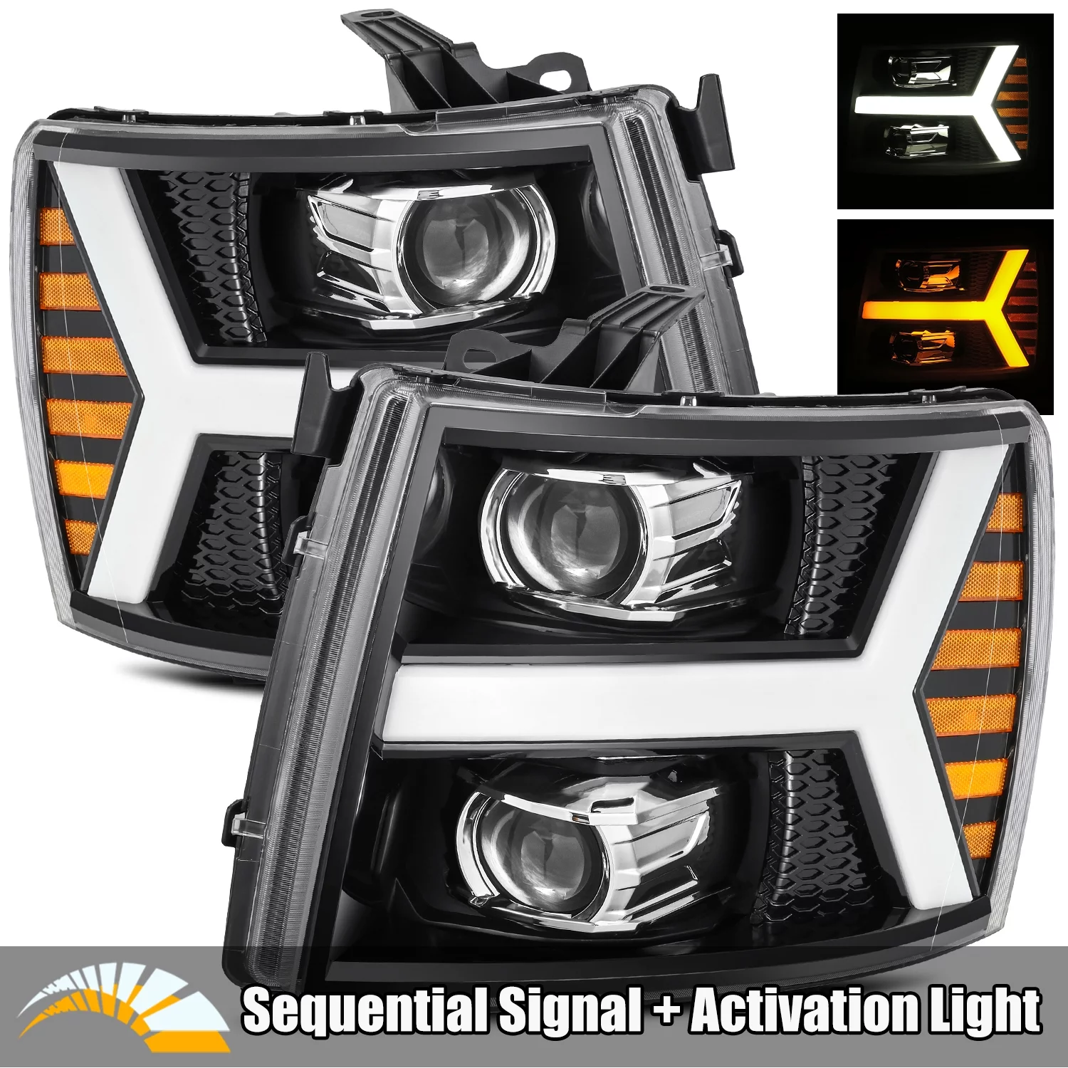 AlphaRex PRO-Series Jet Black For 07-13 Chevy Silverado 1500/07-14 Silverado 2500HD/3500HD LED Tube Dual Projector Headlights with Switchback DRL/Sequential Signal/Activation Light