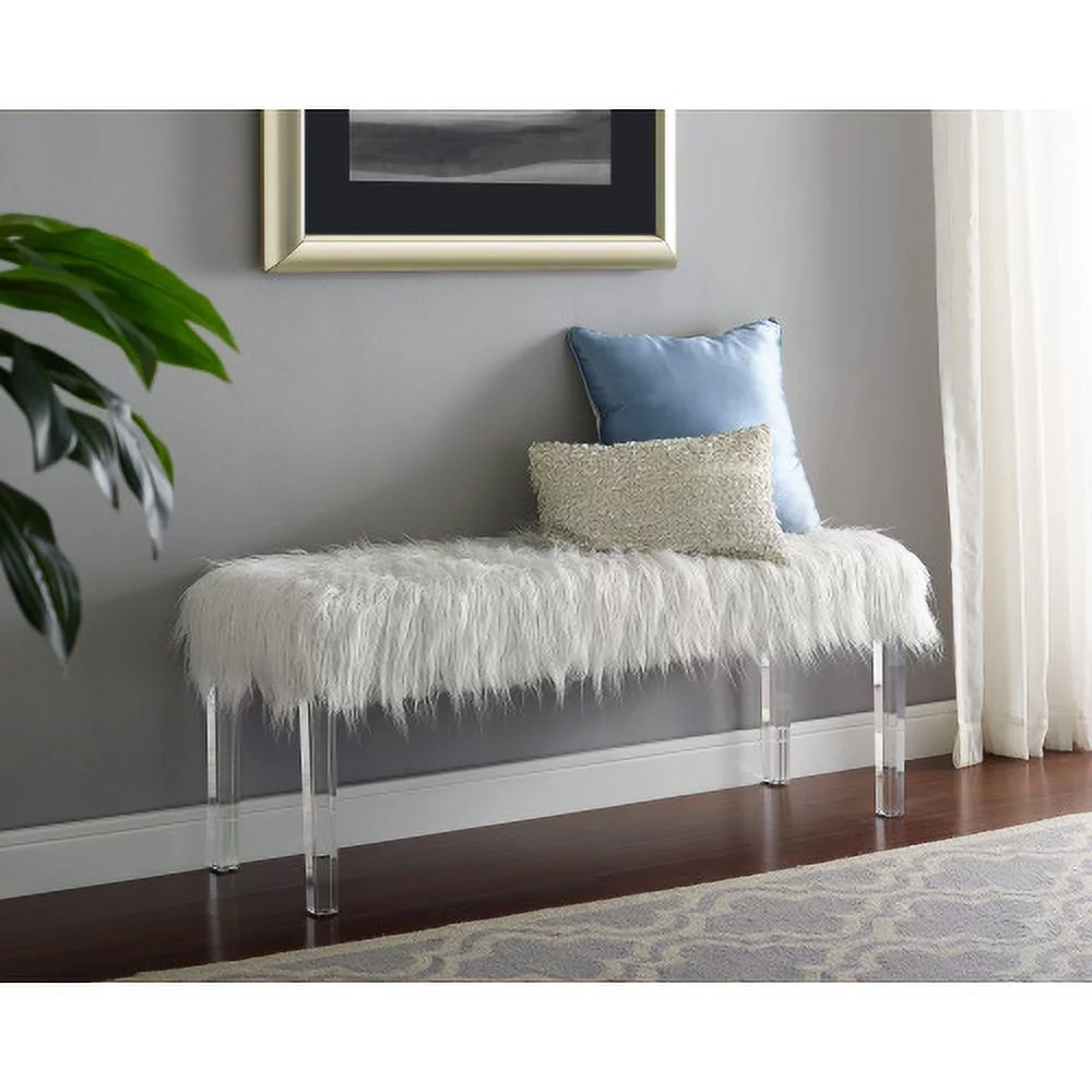 JHOOTUUO 1pc White Glam Accent Bench with Faux Fur Seat Transparent Legs