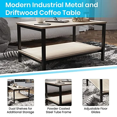 BizChair Modern Industrial 2 Tier Rectangular Metal and Driftwood Coffee Table