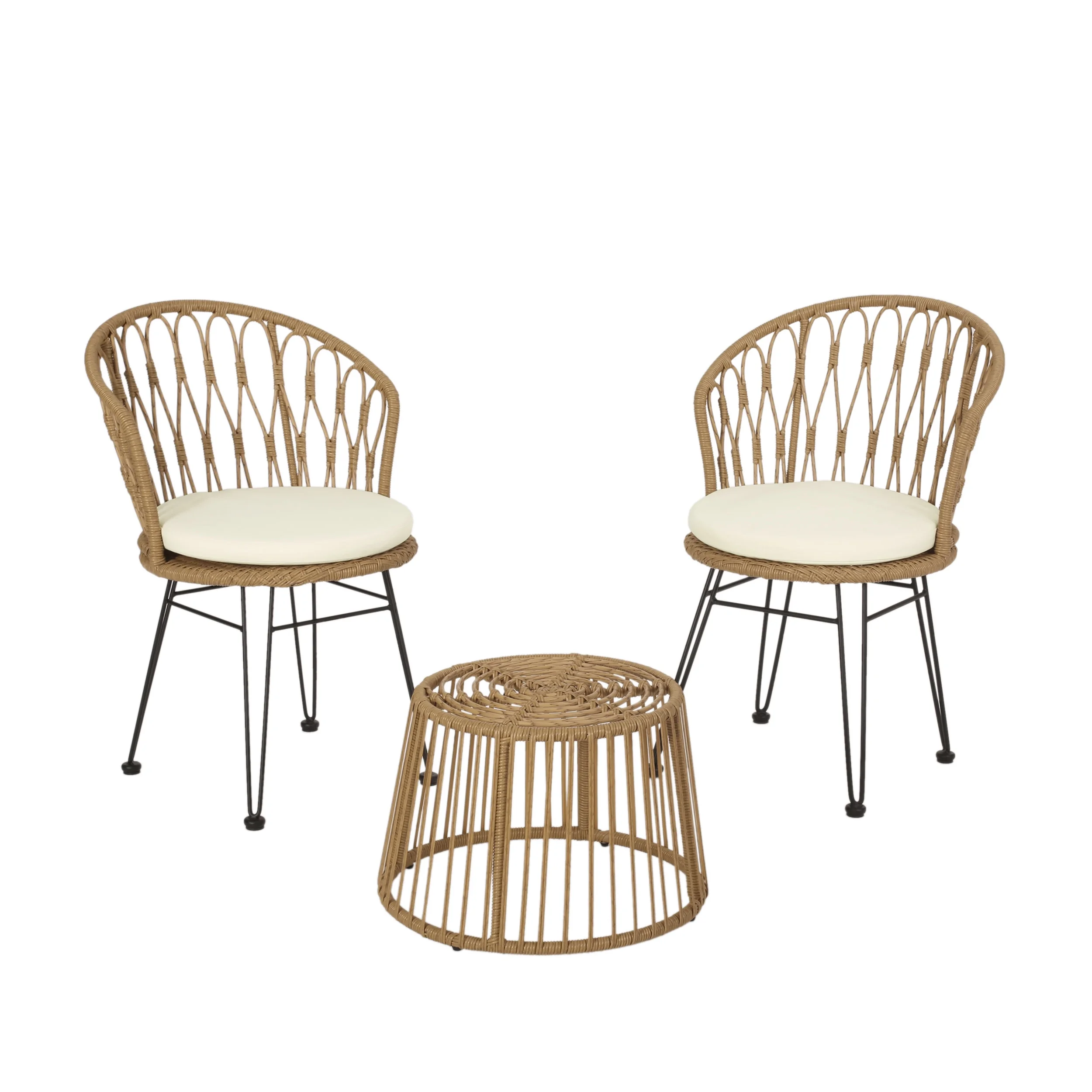 Tendoy Wicker Outdoor 3 Piece Chat Set with Cushions, Light Brown, Black, and Beige