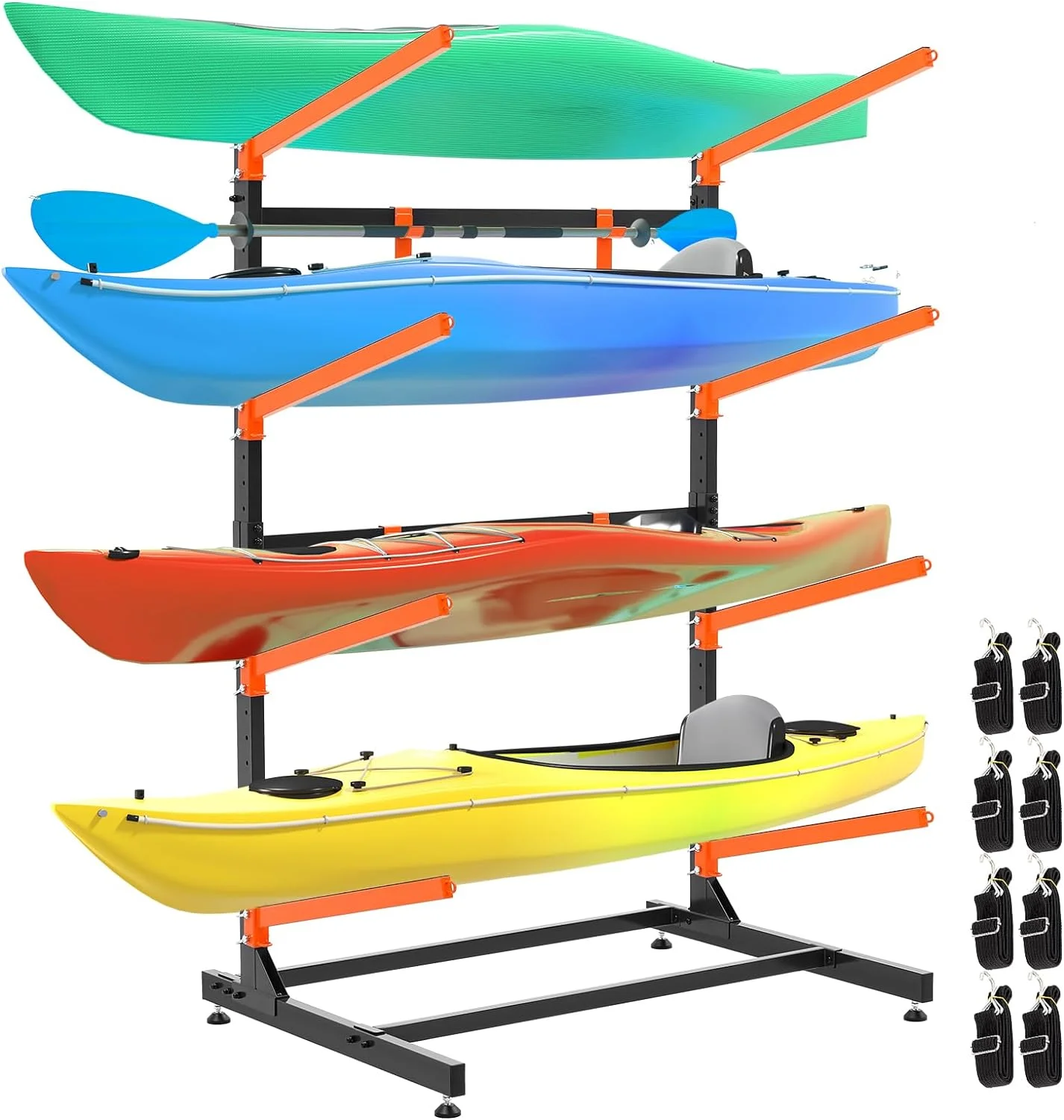 UOKRR Kayak Storage Rack Freestanding Heavy Duty Adjustable Weatherproof  Indoor Outdoor for Kayaks, Canoes, SUP and Surfboards 4 Levels With Hook