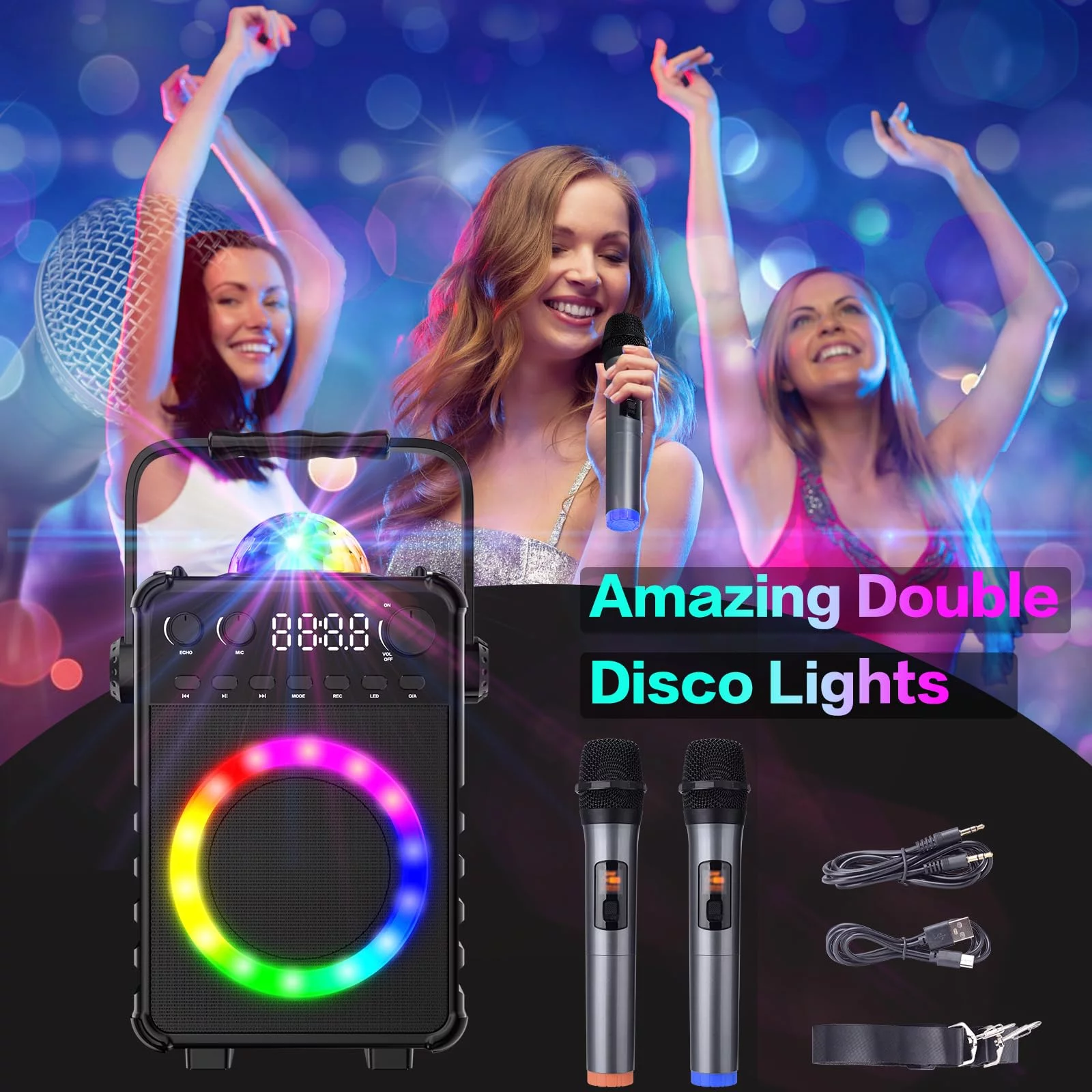 BONAOK Karaoke Machine with 2 Wireless Microphones, Portable Bluetooth Speaker with  for Adults Kids Singing Machine with Disco LED Lights Gifts for Girls Boys Home Party