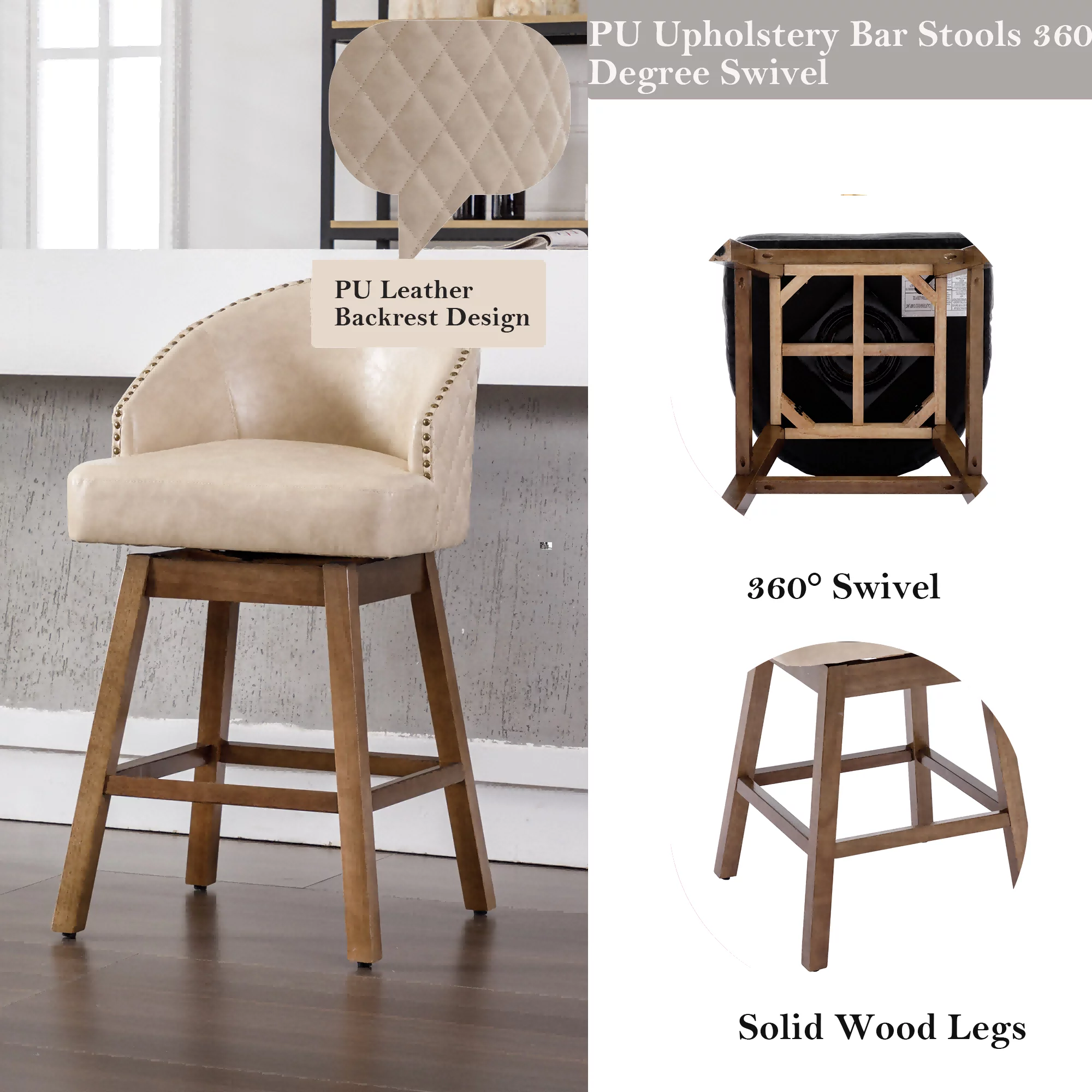 Upholstered Bar Stools, Counter Height 360 Degree Swivel Bar Stool Chairs with Solid Wood Legs Kitchen Island Padded Barstools with Nailhead Trim and Footrest(Apricot PU,Set of 2)
