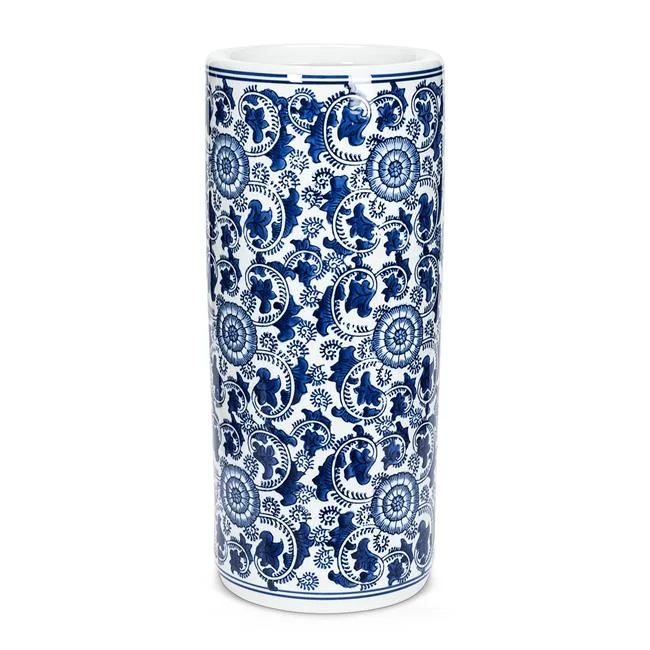 Abbott Collections AB-27-INDIGO-089 18 in. Patterned Umbrella Stand, Blue & White