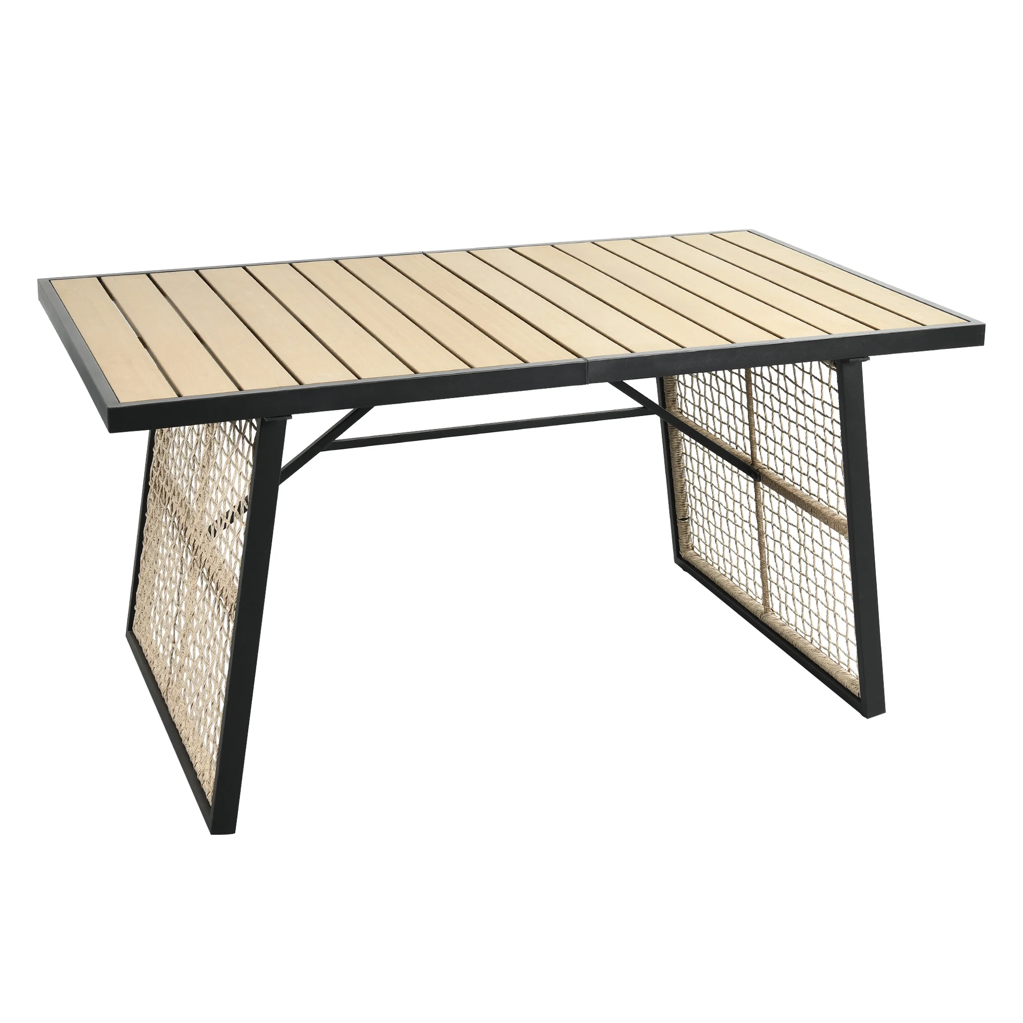 ModFusion Patio Outdoor/Indoor Dining Table 4-6 Persons Capacity, Rectangular Table with Faux Wood Tabletop, Black & Light Brown
