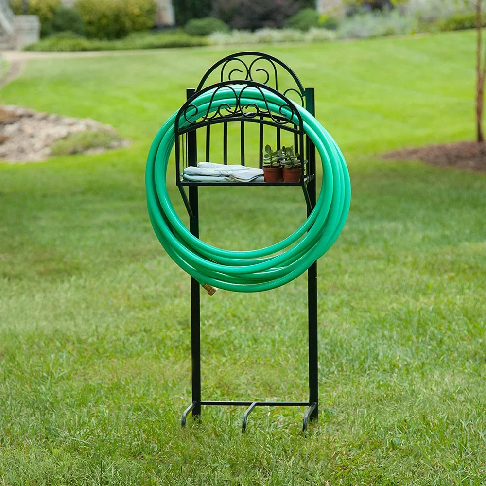 Liberty Garden 3-Prong Steel Gauge Decorative Water Hose Stand with Storage