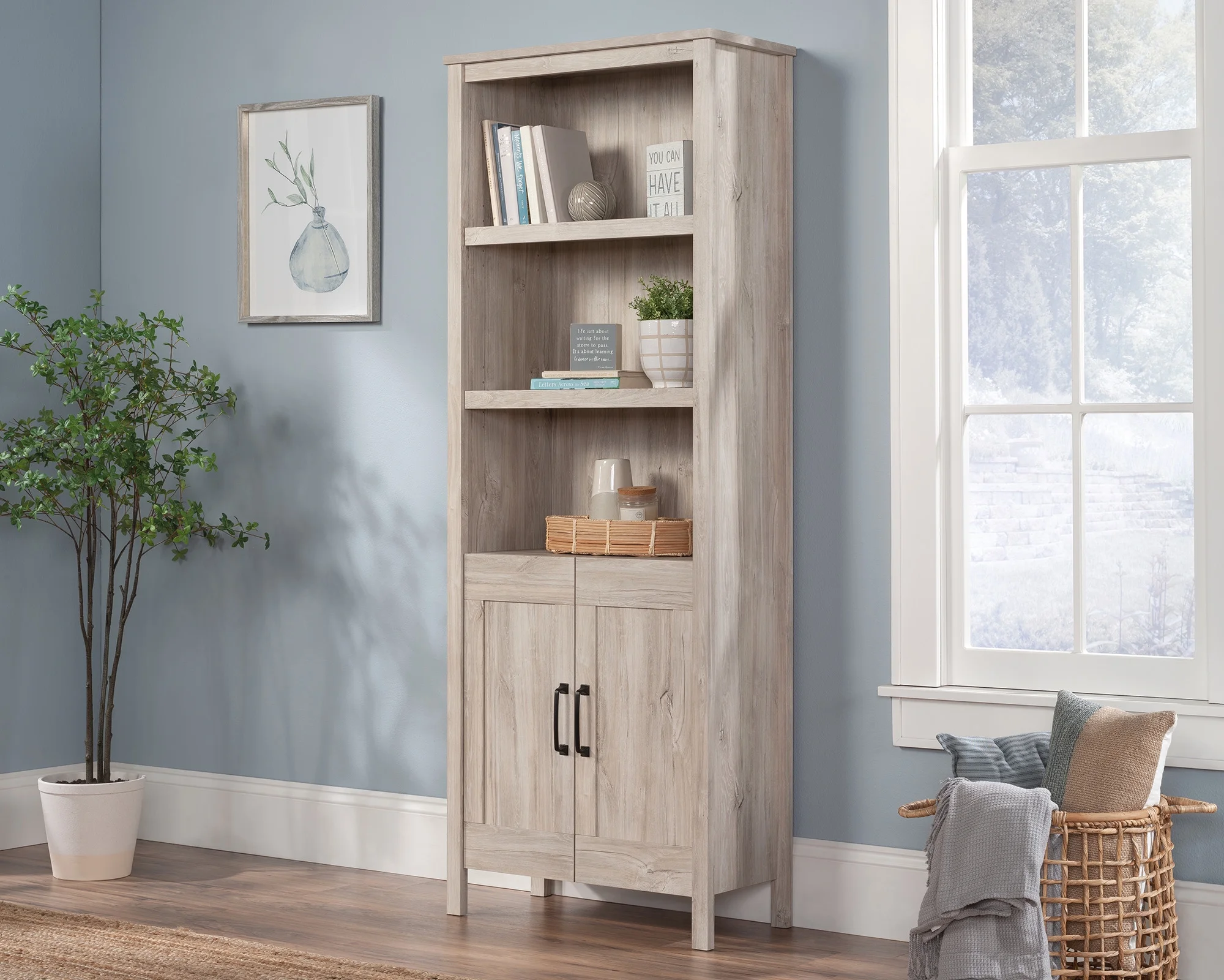 Sauder Select 5-Shelf Bookcase with Doors in Chalk Oak