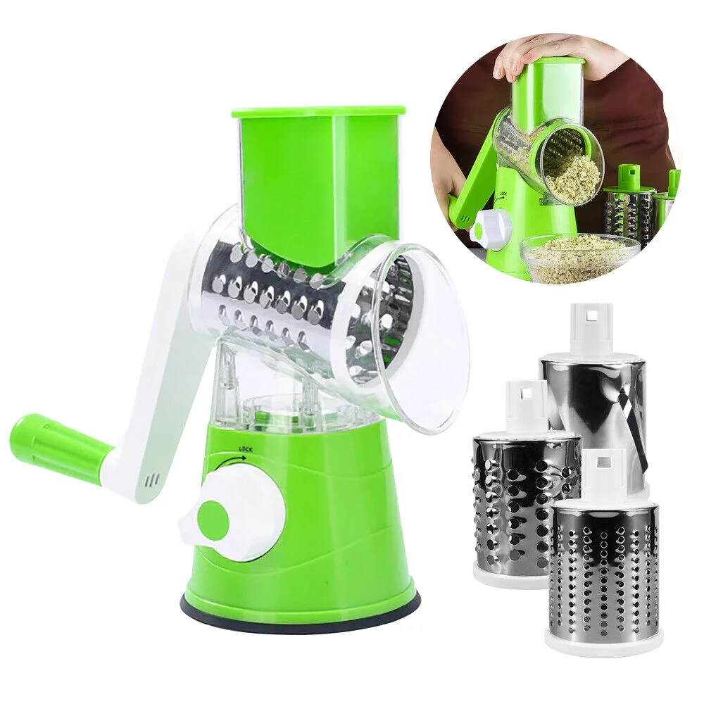 JahyShow Manual Rotary Potato Grater Kitchen Mandoline Vegetable Slicer，with 3 stainless steel vegetable cutting tubes，Easy to use (Green)