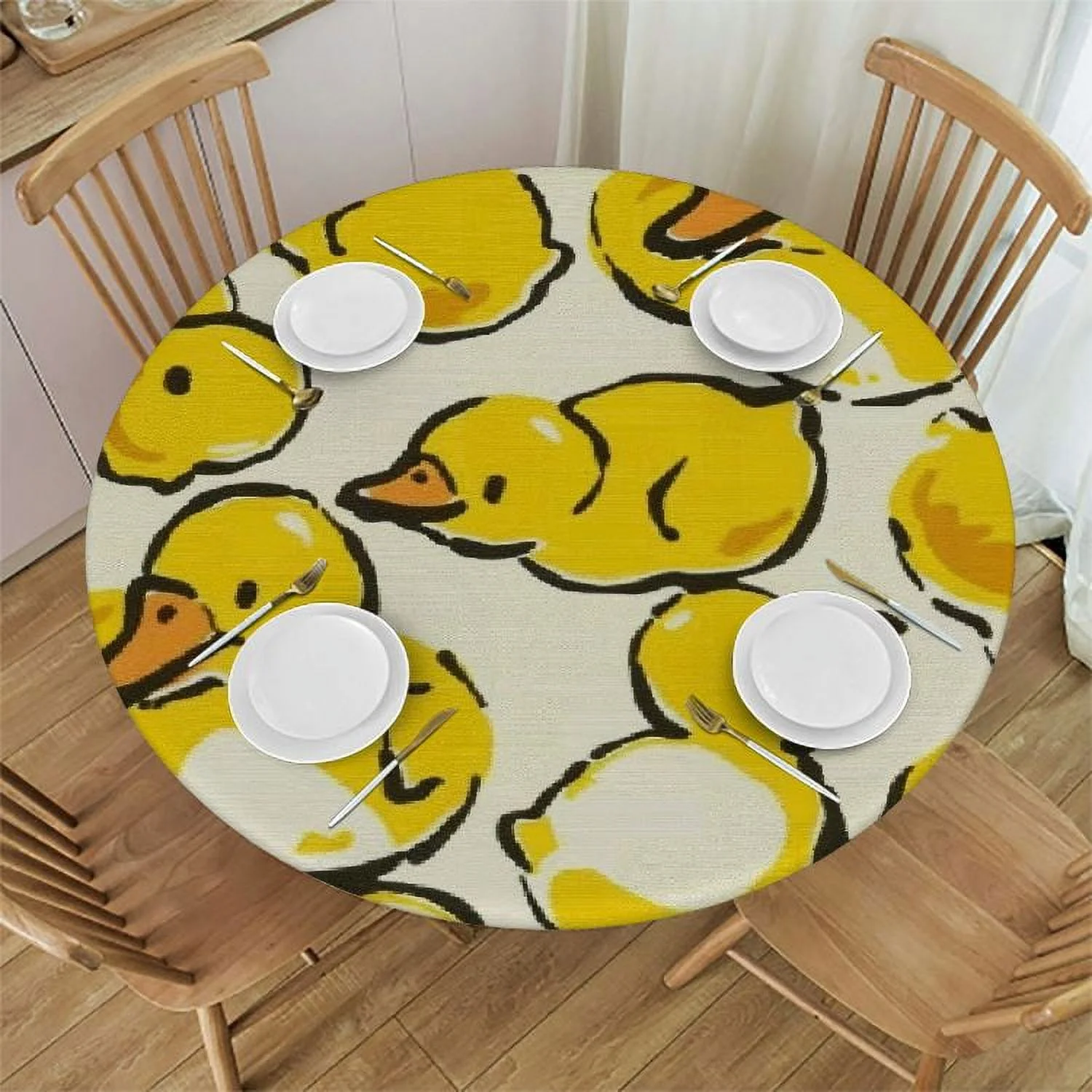 Shangniulu Yellow Cartoon Duck Fitted Round Tablecloth Waterproof Table Cloth with Elastic Edge Wipe Clean Table Covers for Indoor Outdoor White