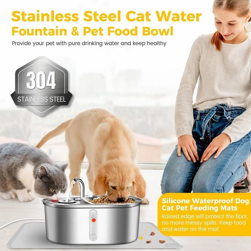 Two Cat Water Fountain Stainless Steel 3L/101oz Automatic Pet Water Fountai