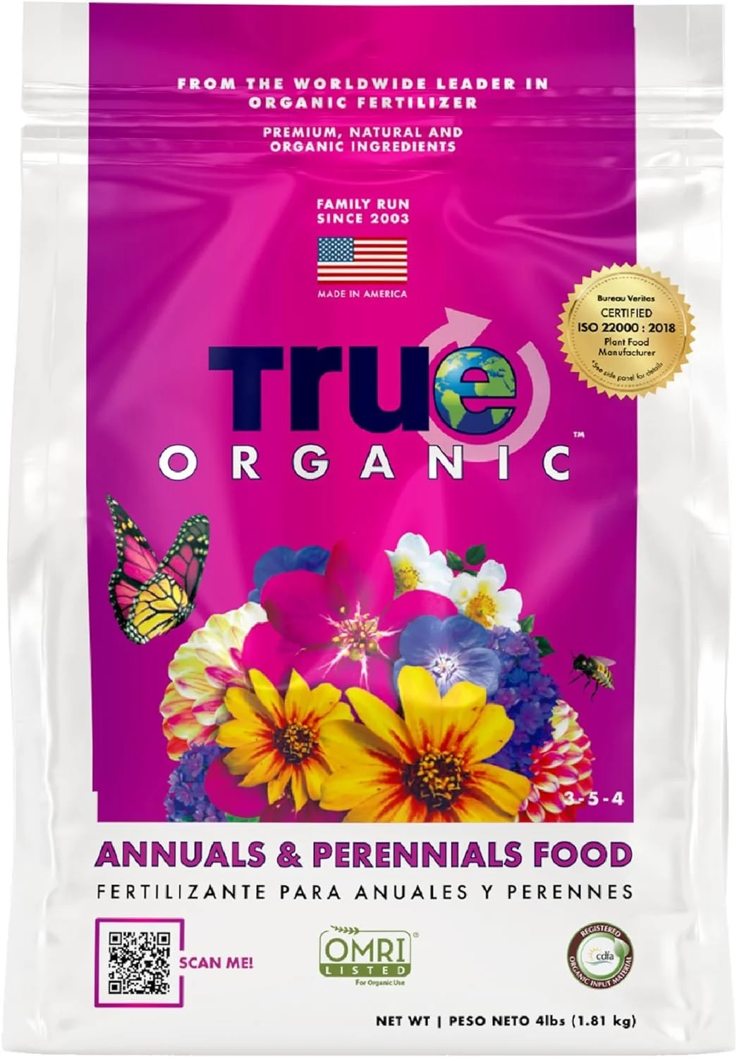 True Organic Annuals and Perennials Flower Food Granular Fertilizer 4lbs - CDFA, OMRI Listed for Organic Gardening NPK 3-5-4
