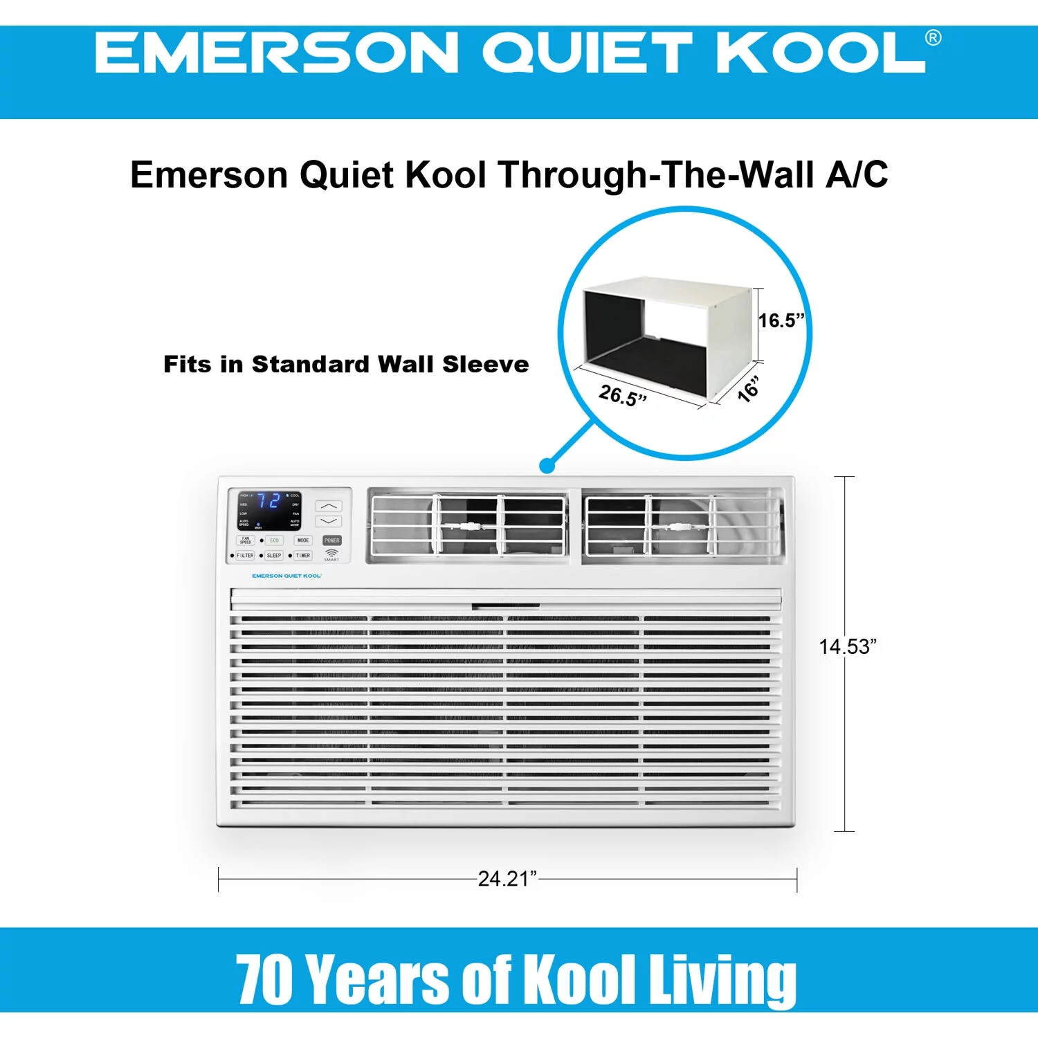 Emerson Quiet Kool 14,000 BTU 230V Smart Through-the-Wall Air Conditioner with Remote, Wi-Fi