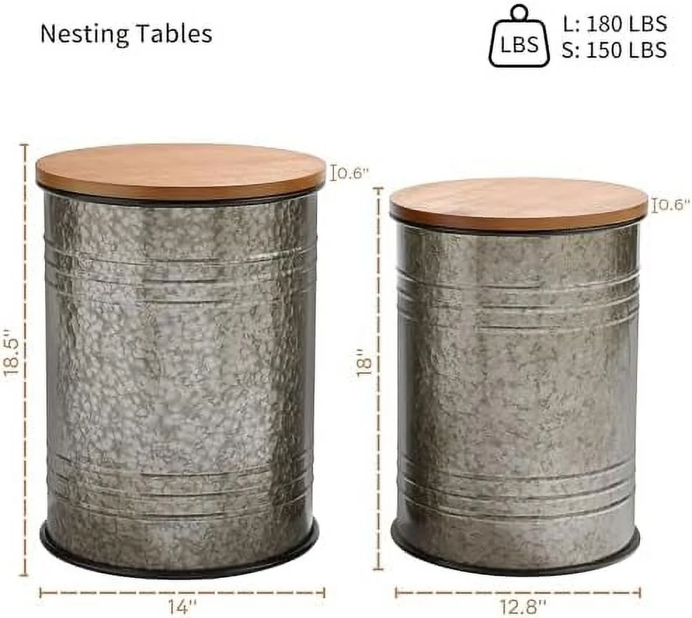 ZFGSUIJN Farmhouse  End    Rustic Ottoman Seat Stool  Barrel Metal  Coffee  with Round Wooden Lid  Room  Outdoor Patio Nesting End Tables (Black)