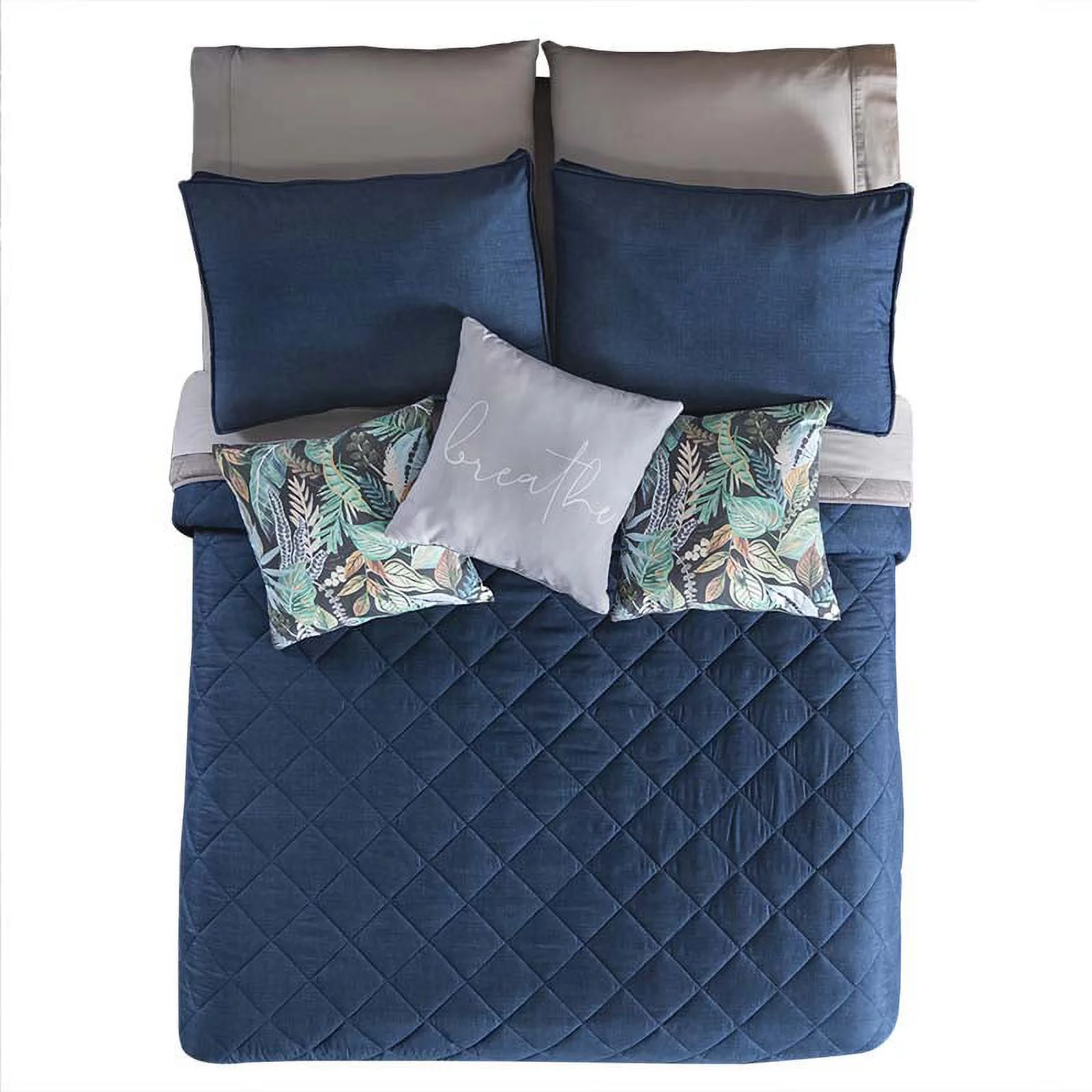 Vianney Adorn Essential 6 Piece Reversible Oversized Blue & Grey Comforter Set with Pillow Covers, King, Cotton, Geometrical square pattern