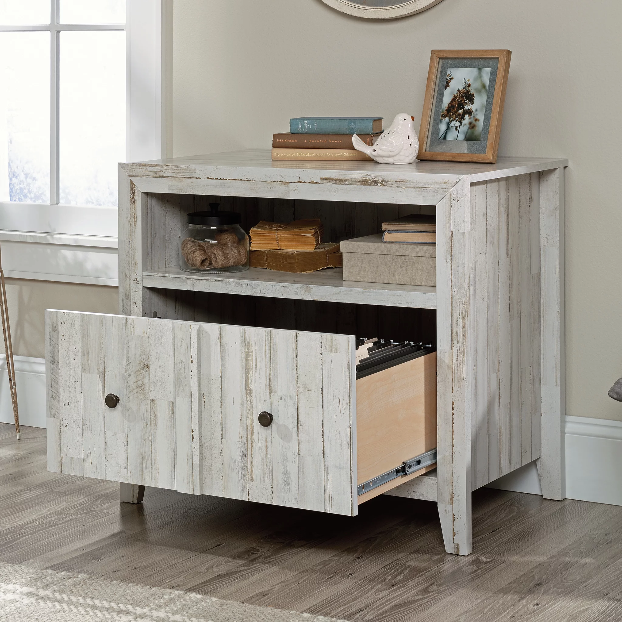 Sauder Dakota Pass 1-Drawer Lateral File with Open Shelf, White Plank Finish