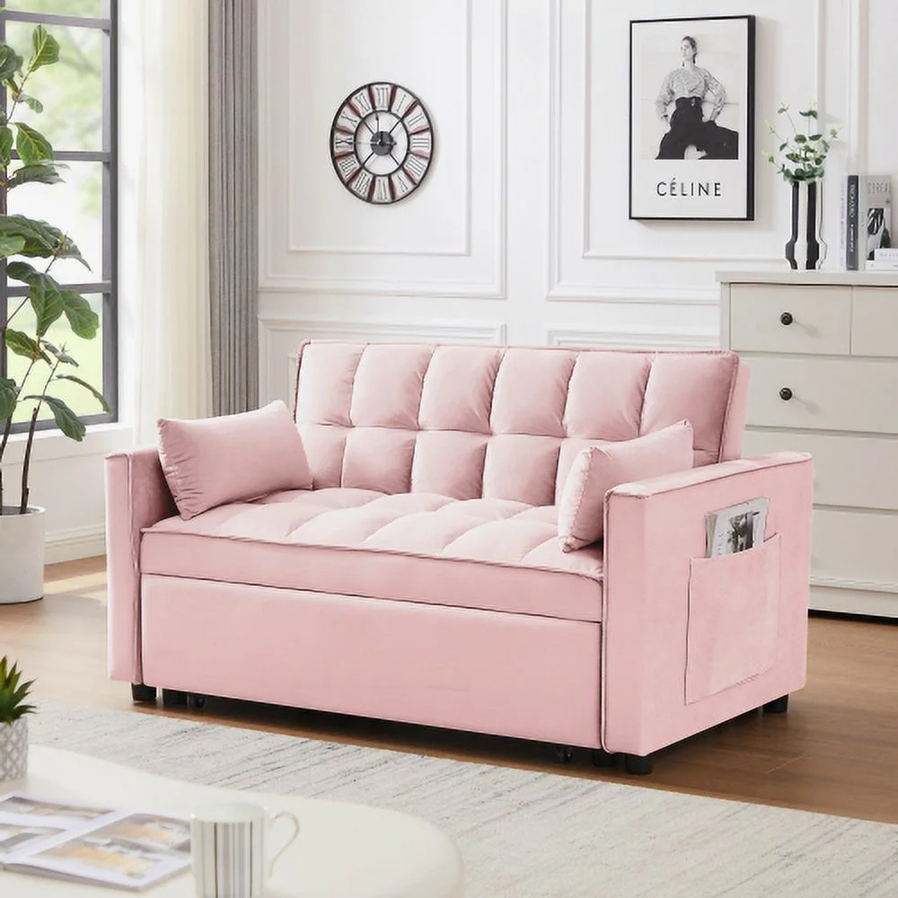 Modern Velvet Loveseat Futon Sofa Couch W/Pullout Bed,Small Love Seat Lounge Sofa W/Reclining Backrest,Toss Pillows, Pockets,Furniture For Living Room,3 In 1 Convertible Sleeper Sofa Bed, Pink