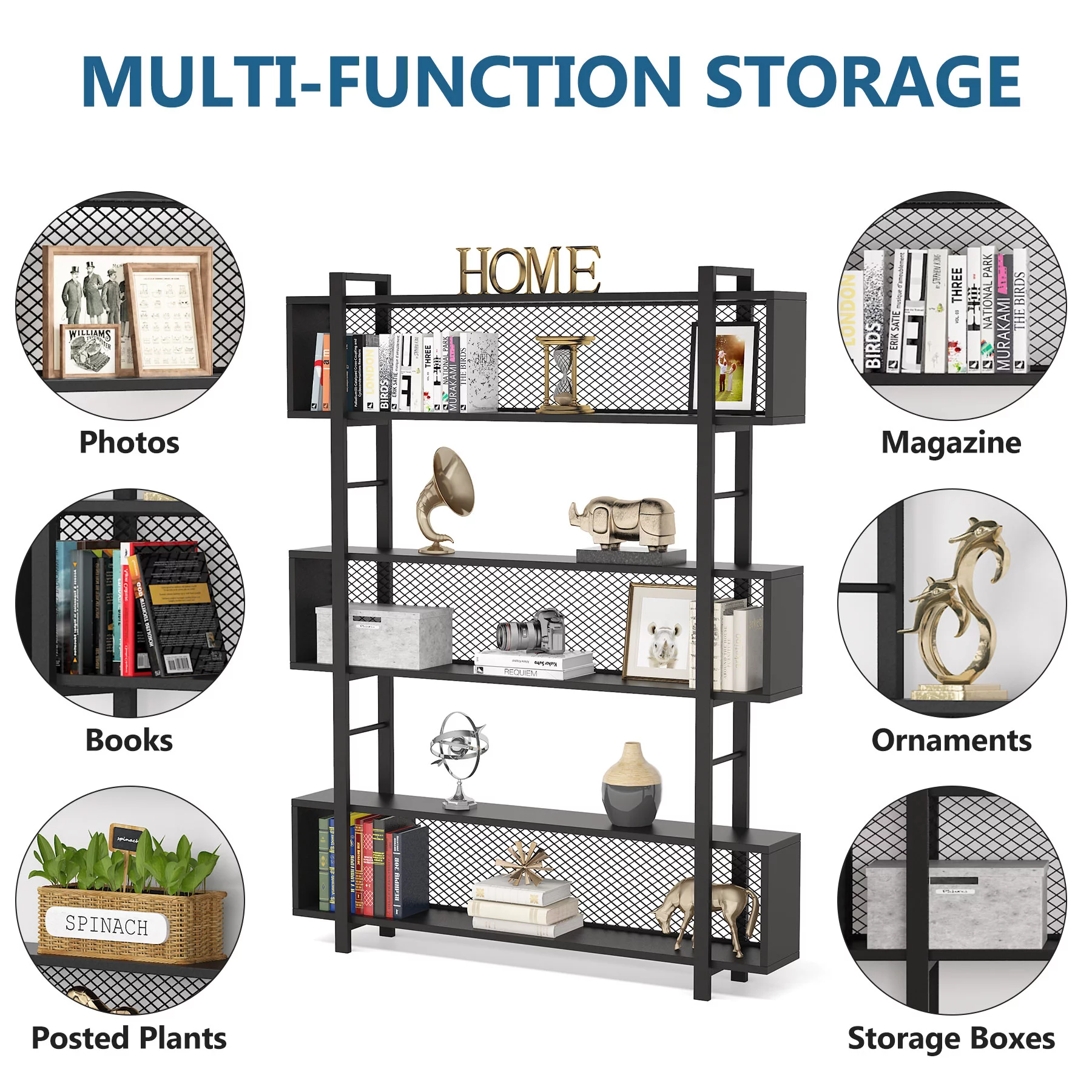 Modern 5-Tier Bookshelf Industrial Wide Bookcase Rustic Wood and Metal Standing Bookshelf