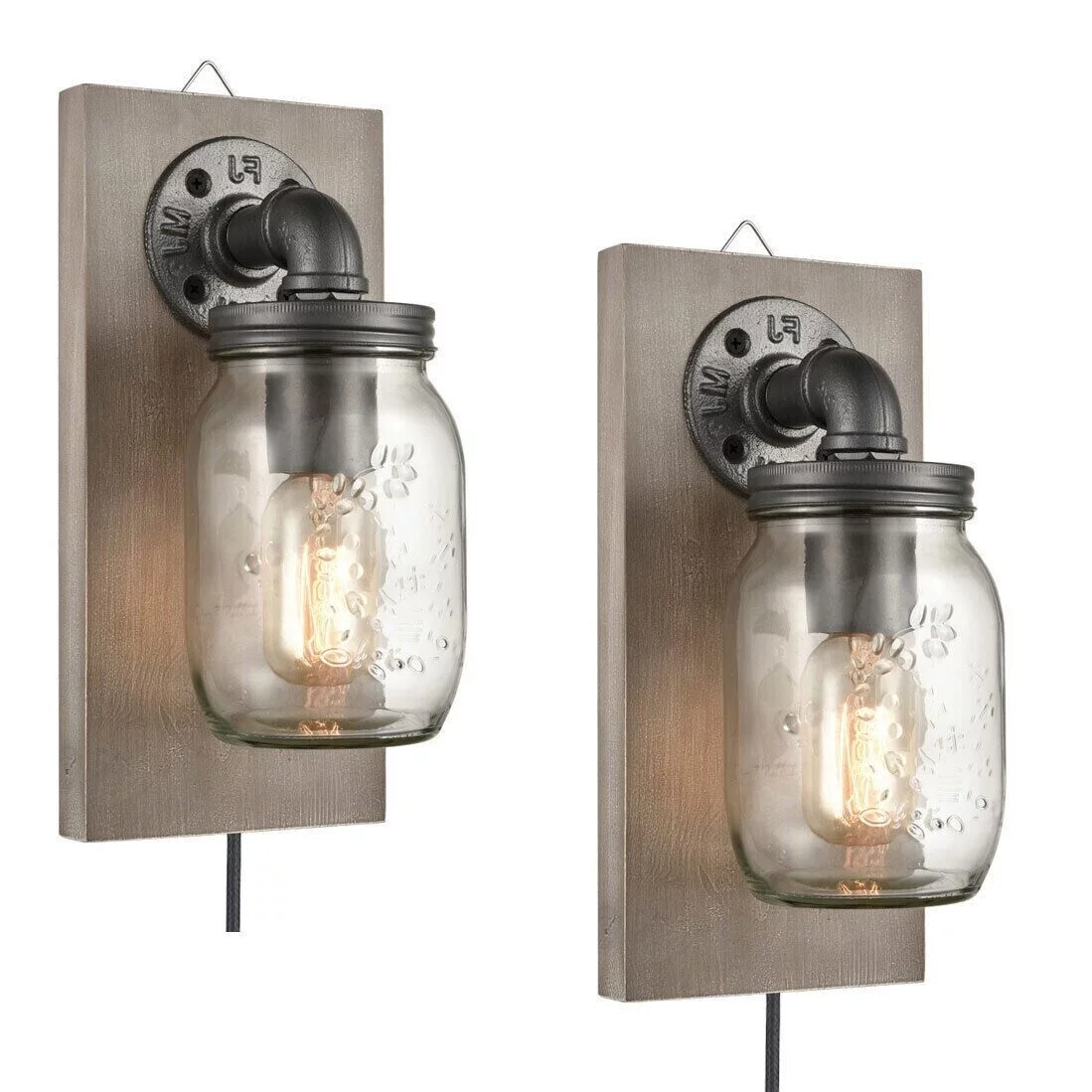 Farmhouse Mason Jar Wall Sconces Set of 2 Hanging Plug-in Wall Light