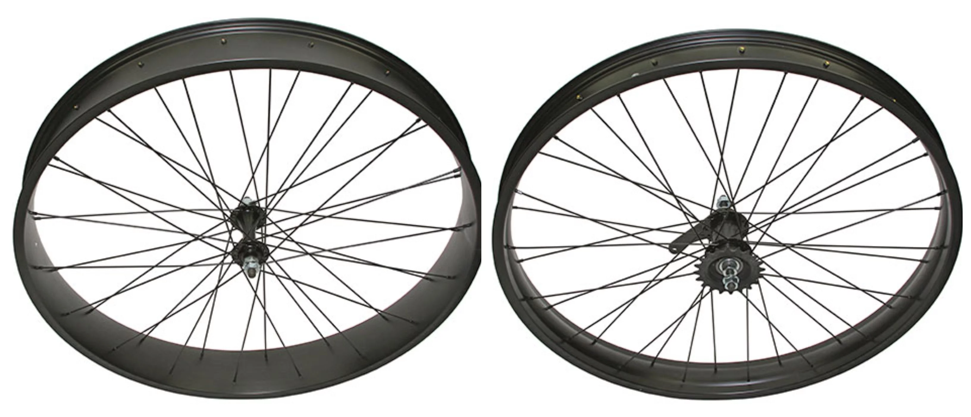 bike 26 x 4.00 Fat Alloy Front & CoasterWheel 36 Spoke 12gBlack 3/8 Axl Black, Chrome Sprocket Hub Kits.