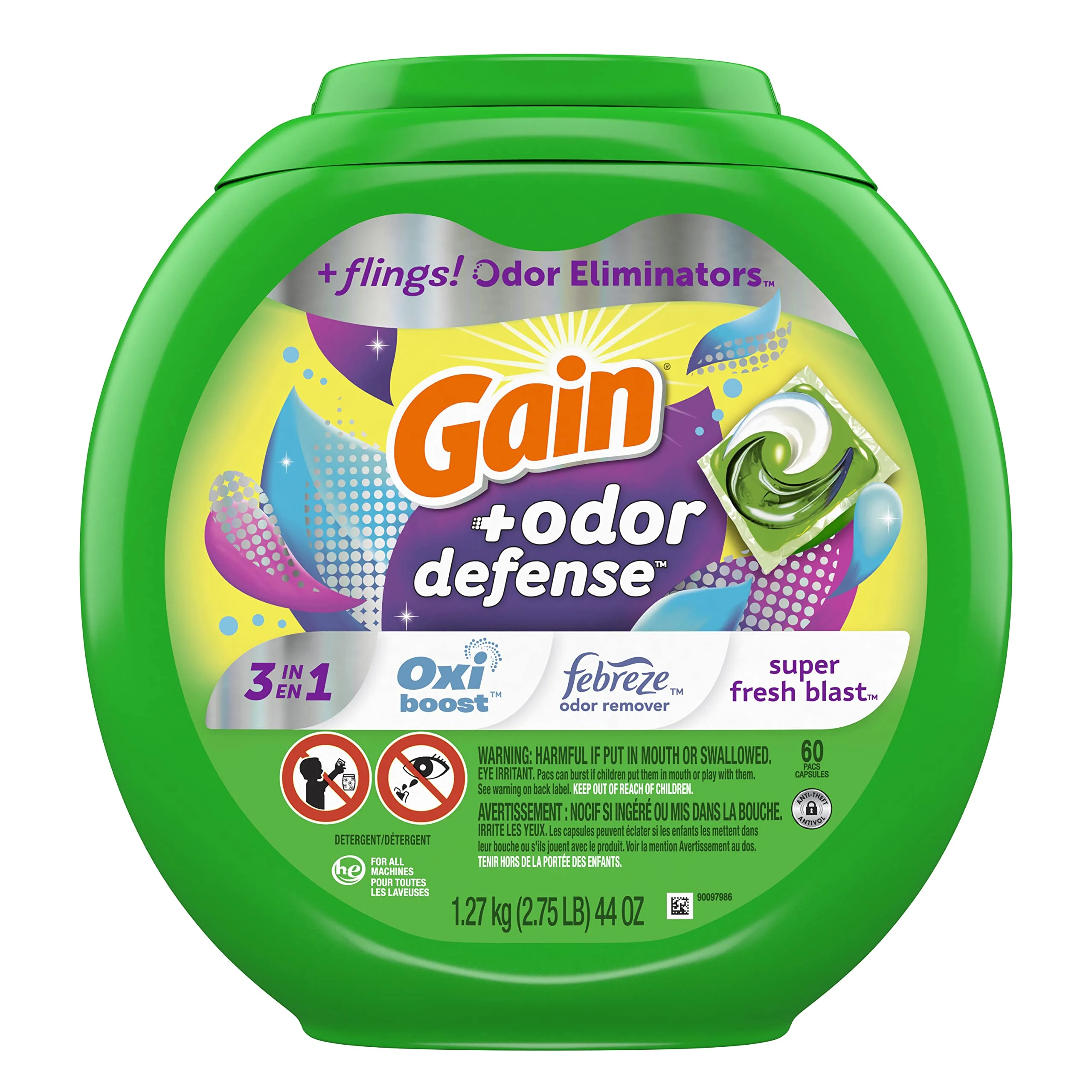 Gain Flings Laundry Detergent Pacs With Odor Defense 60 Ct Super Fresh He 3In1 Detergent Pacs With Febreze And Oxi