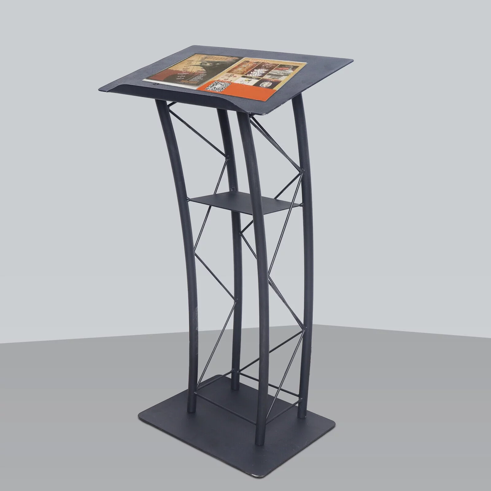Lecture Speaking Stand Black Wrought Iron Curved Church Podium Truss Metal Wood Pulpit Presentation