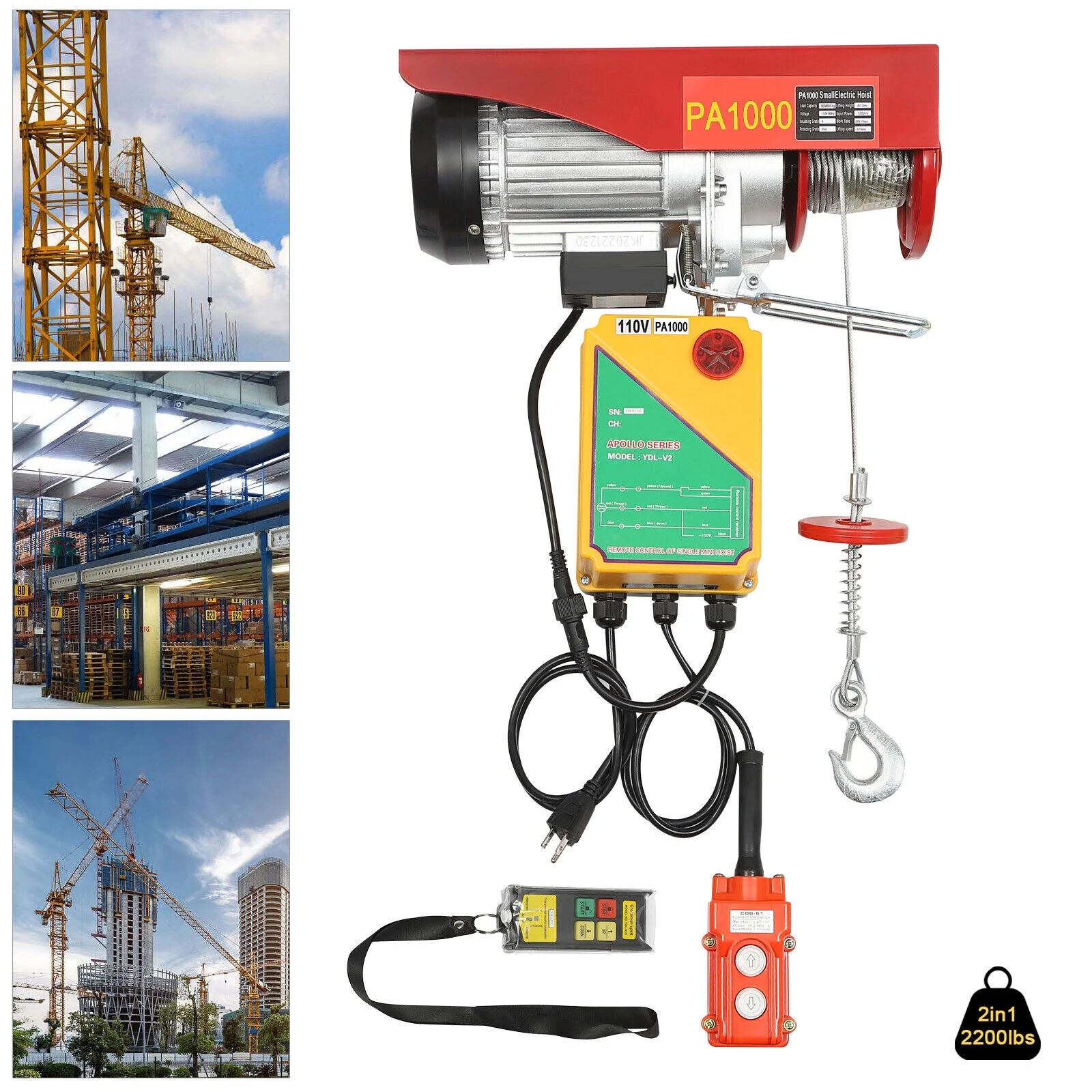 Wireless Electric Hoist with 2200lbs Capacity - Remote Control & Single/Double Slings - Steel Electric Winch - 110V Electric Lift for Factories, Warehouses, Construction Sites (PA-1000)