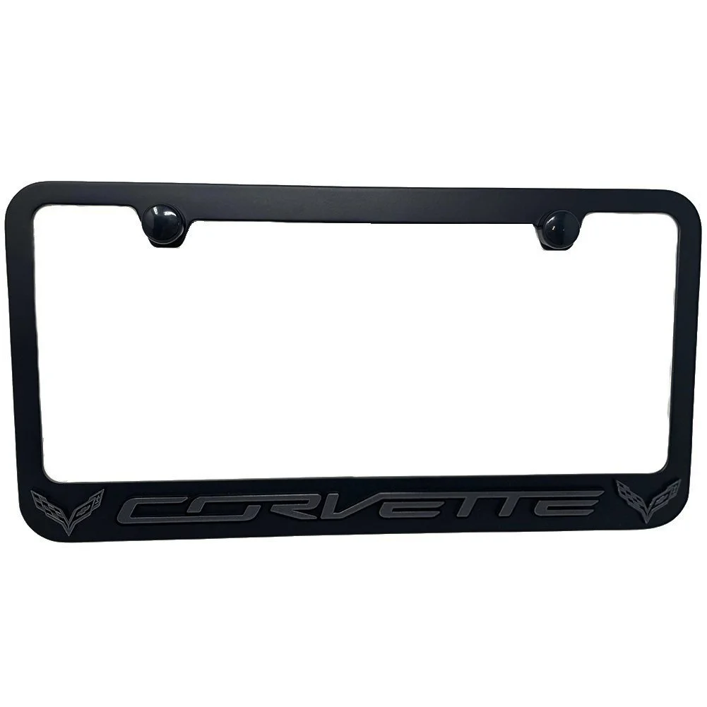 C7 Corvette License Plate Frame - Black with Dark Gray C7 Crossed Flags Logo