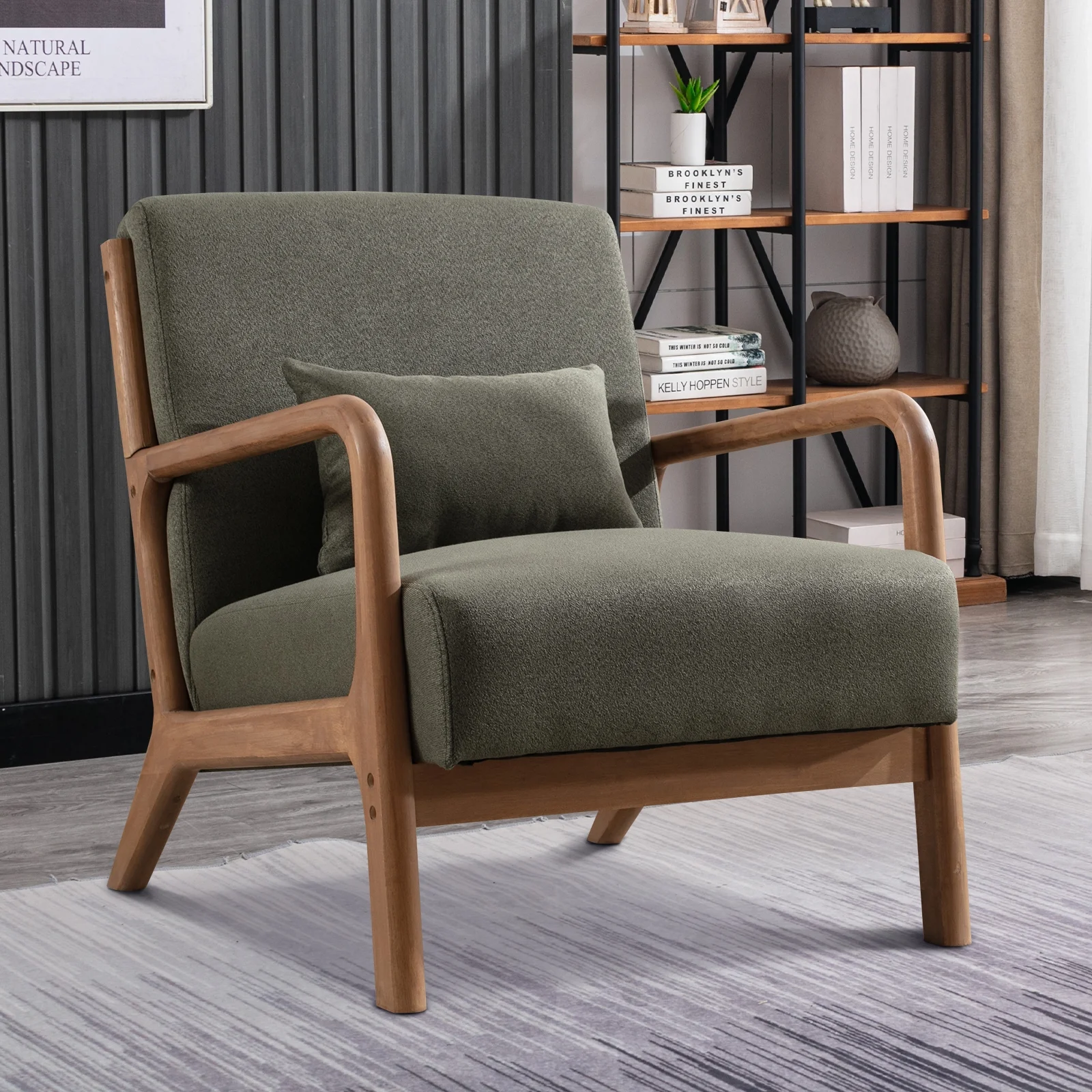 Bonzy Home Mid Century Modern Accent Chair, Single Fabric Lounge Reading Armchair with Solid Wood Frame, Easy Assembly Arm Chairs for Living Room,GREEN