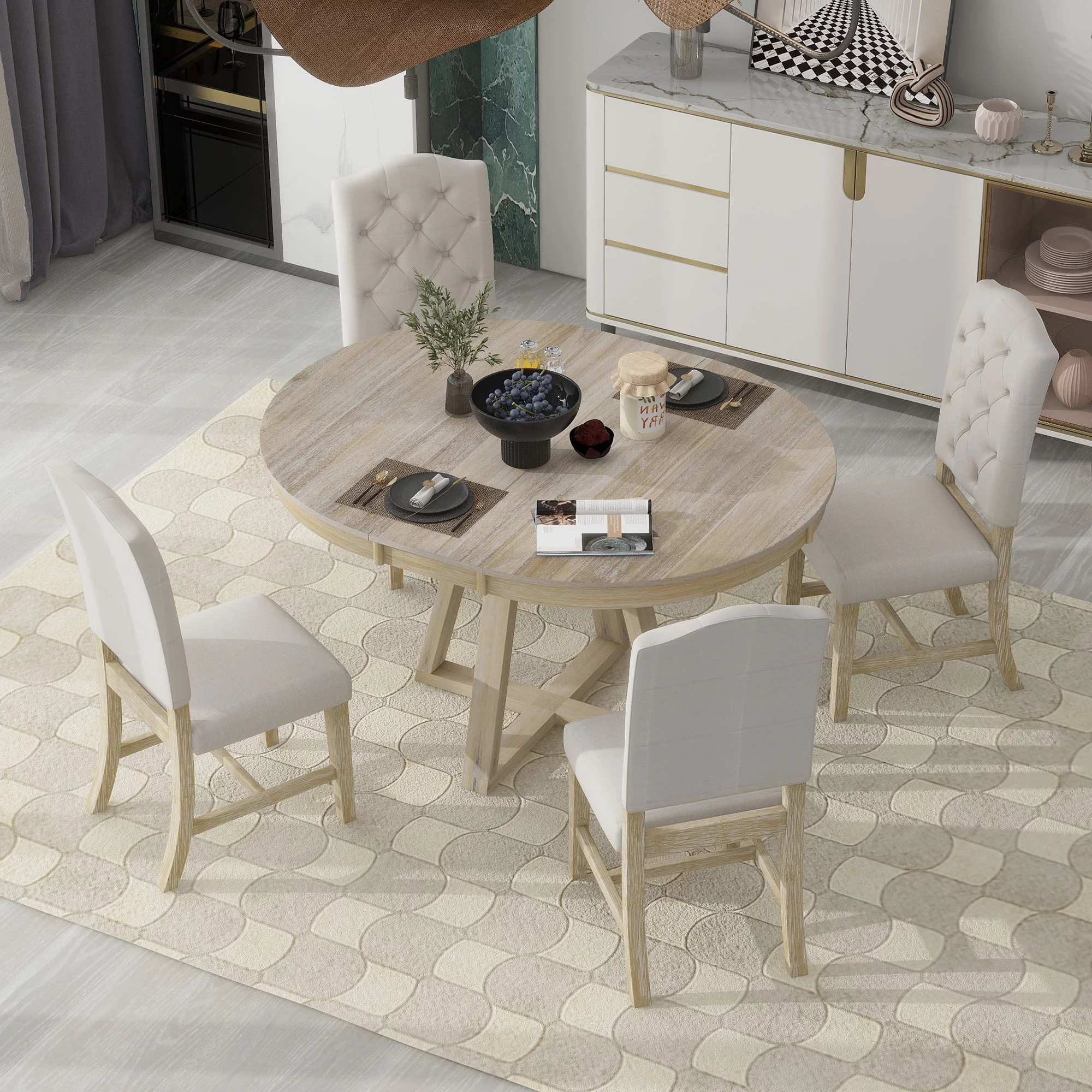 Churanty 5 Pieces Functional Dining Set for 4, Round Table with Leaf and 4 Upholstered Chairs for Kitchen,Natural