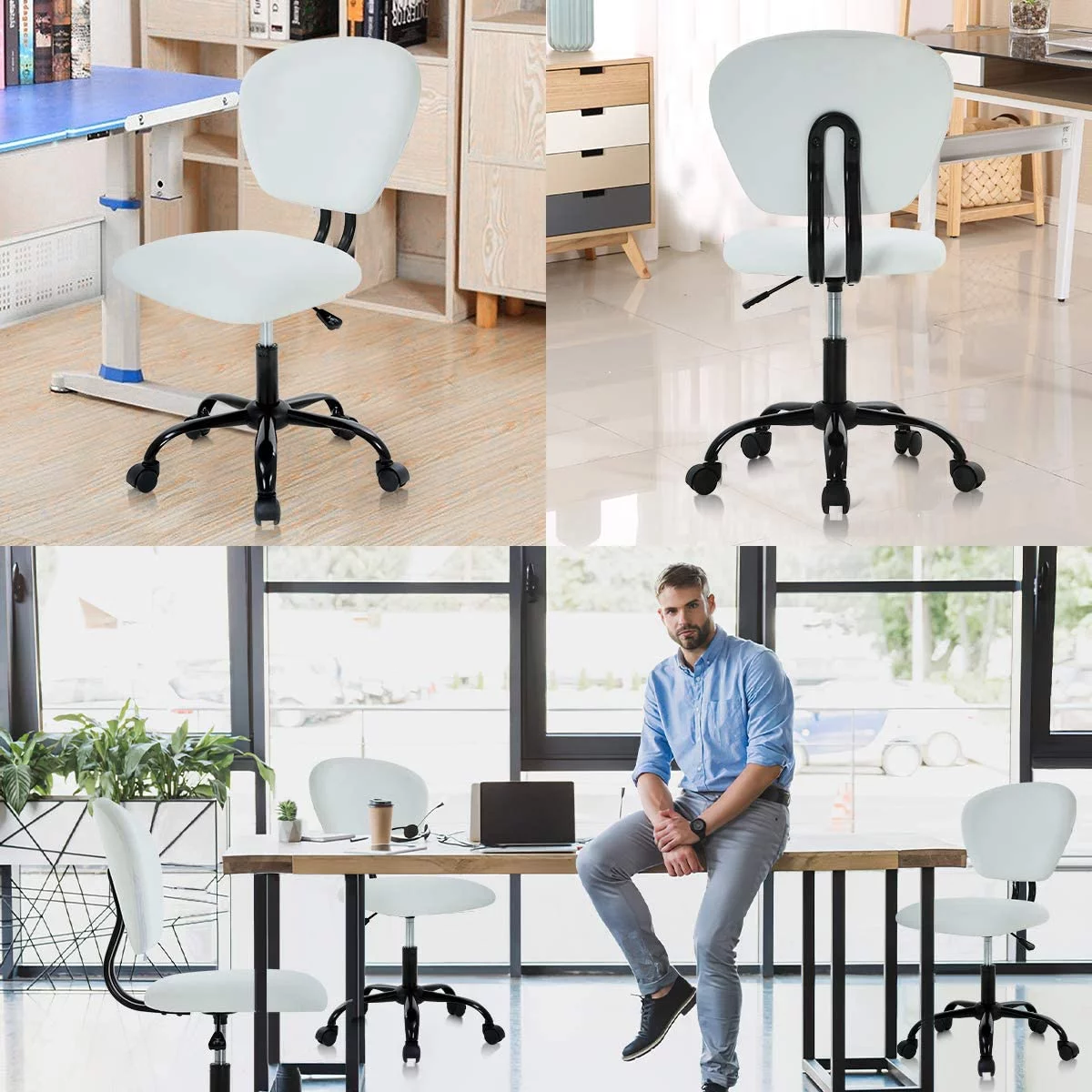 Low Back Simple Office Chair PU Leather Armless Task Chairs with Wheels Modern Adjustable Cheap Computer Desk Chair for Desk, White