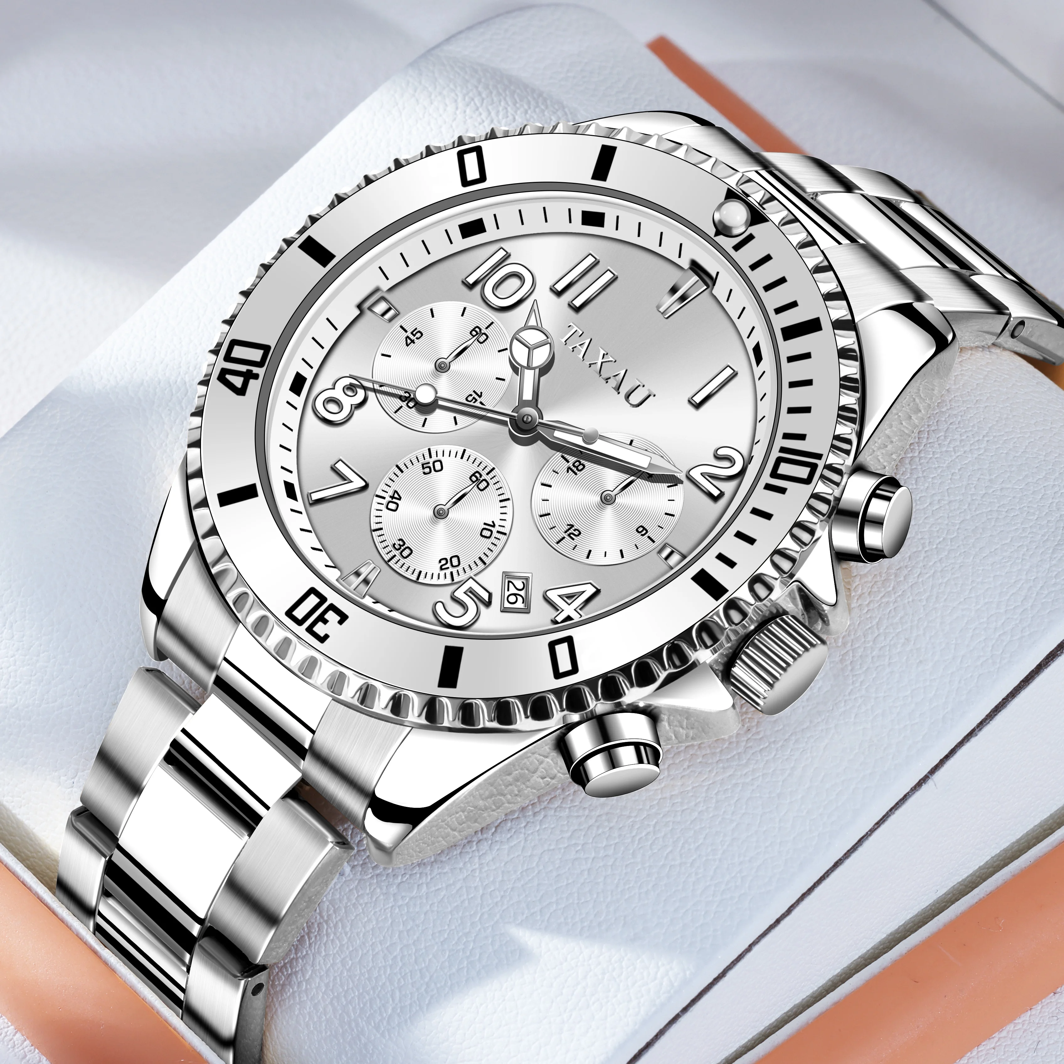 Taxau Silver Watches for Men Classic White Dial Watches Sliver Stainless Steel Mens Watches Mens Day Date Watches Analog Quartz Watches For Men Waterproof Watches Mens Wrist Watch Relojes Para Hombre