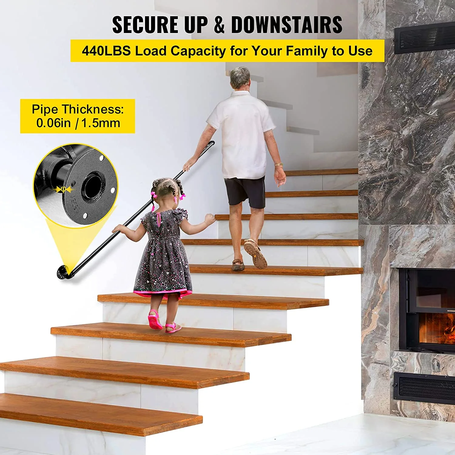 Vevor  5 ft. Staircase Pipe Stair Handrail with 440 lbs Load Capacity Carbon Steel Pipe, Black