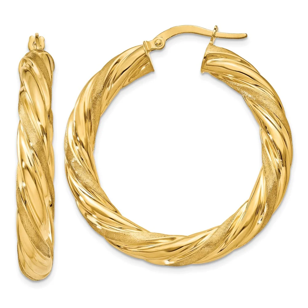 Primal Gold 14 Karat Yellow Gold Satin and Polished Twisted Hoop Earrings