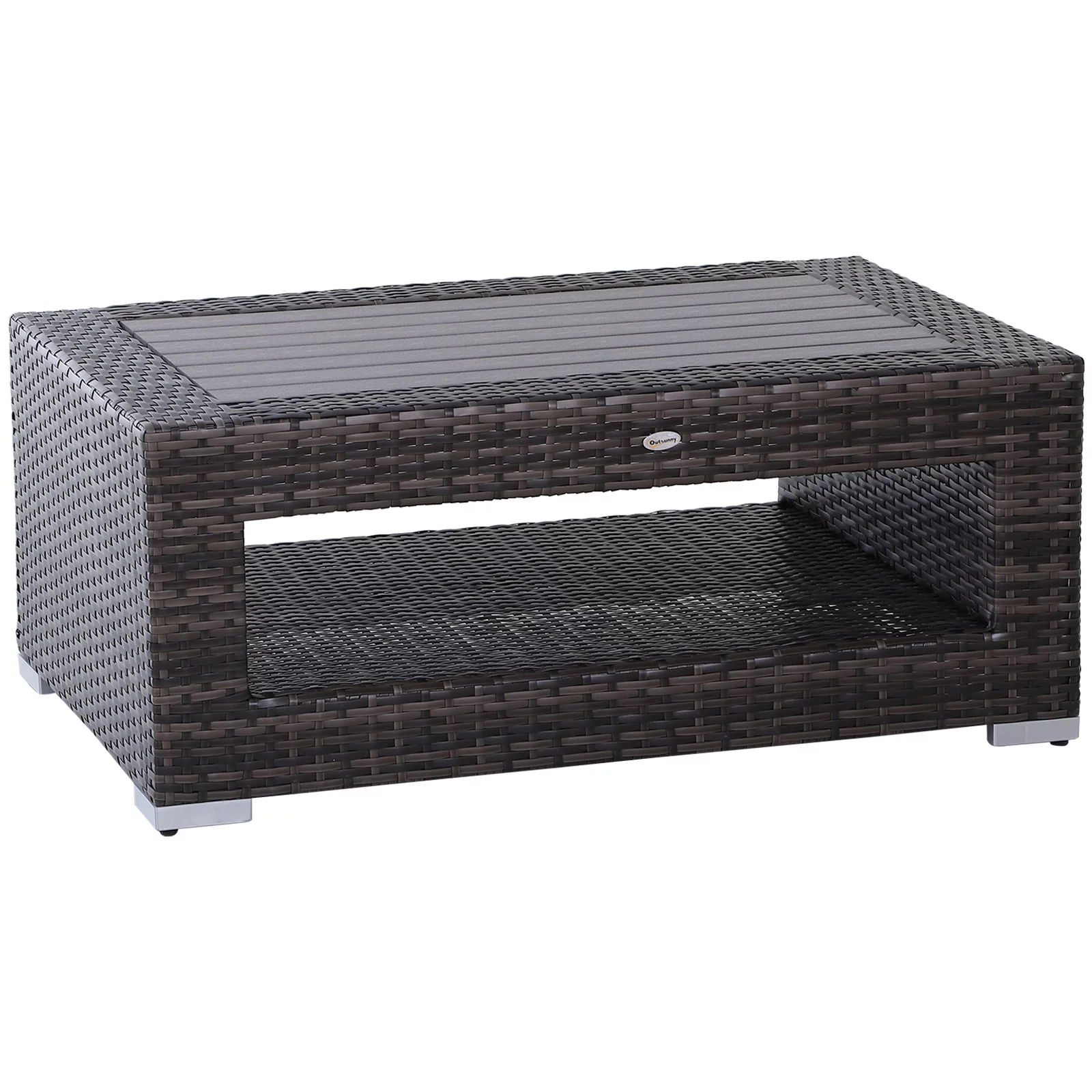 Outsunny Wicker Coffee Table with Height Adjustable Feet, 2 Tier Storage Shelf, Rattan Wicker Patio Table with Deluxe Slatted Top for Outdoor, Patio, Garden, Backyard, Mixed Grey