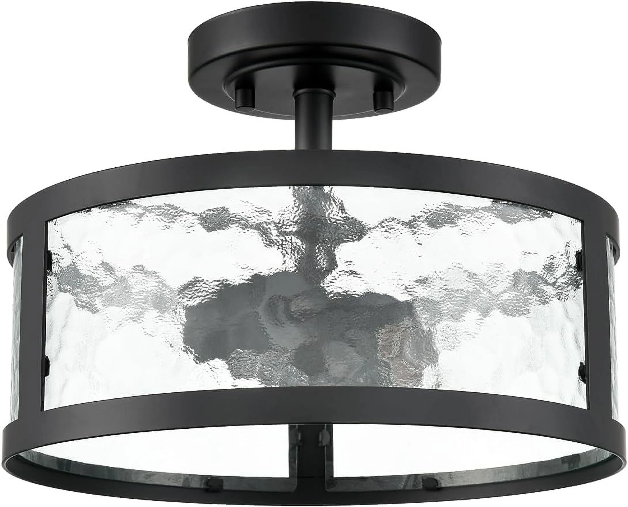 Farmhouse Semi Flush Mount Ceiling Light Black Light Fixtures Ceiling Mount 2-Light with Hammered Glass for Bedroom Kitchen Bathroom Entryway Proch