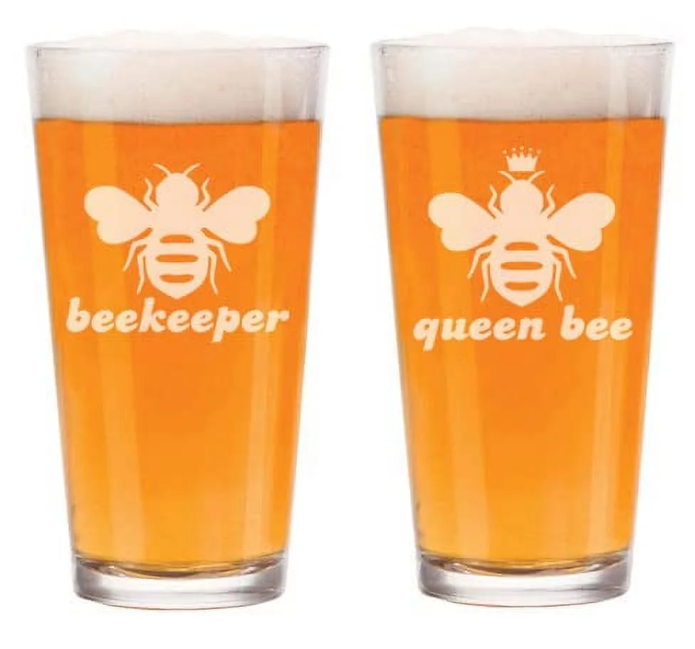 16 oz Beer Pint Glass Gift Set Of 2 Queen Bee Beekeeper Funny Couple His and Her, Bride and Groom, Wedding, Engagement, Anniversary, Bridal Shower
