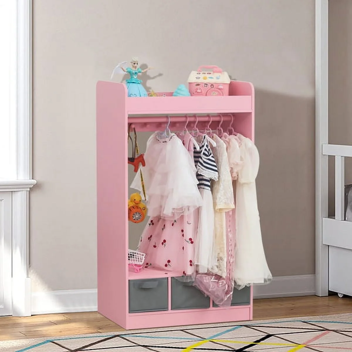 SYTHERS Kids Dress up Storage with Storage Drawer, Open Hanging Armoire Closet, Kids Armoire for Bedroom, Pink