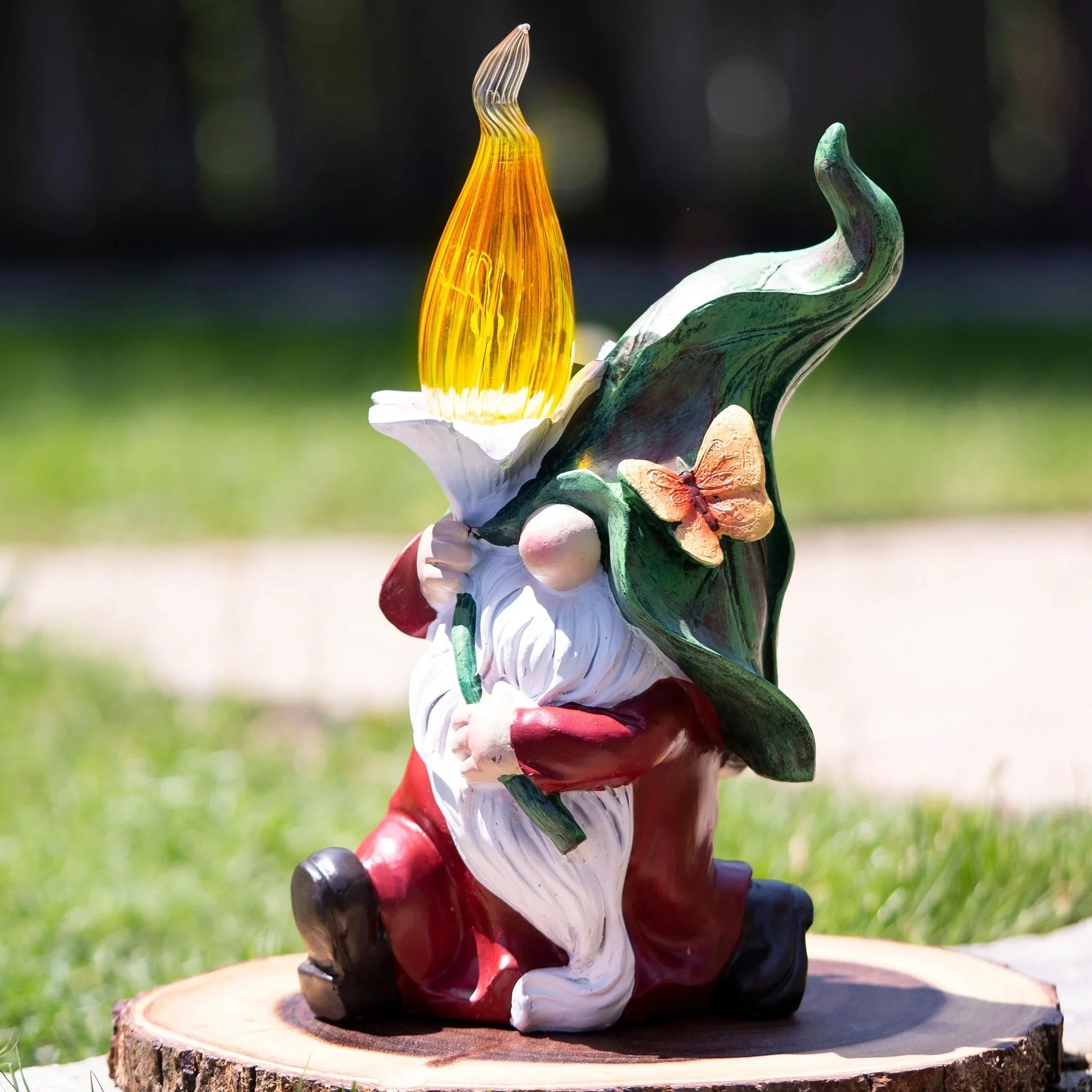 Accent Collection Garden Gnome with Torch Flame, Outdoor Gnome Statue, Solar Powered Light