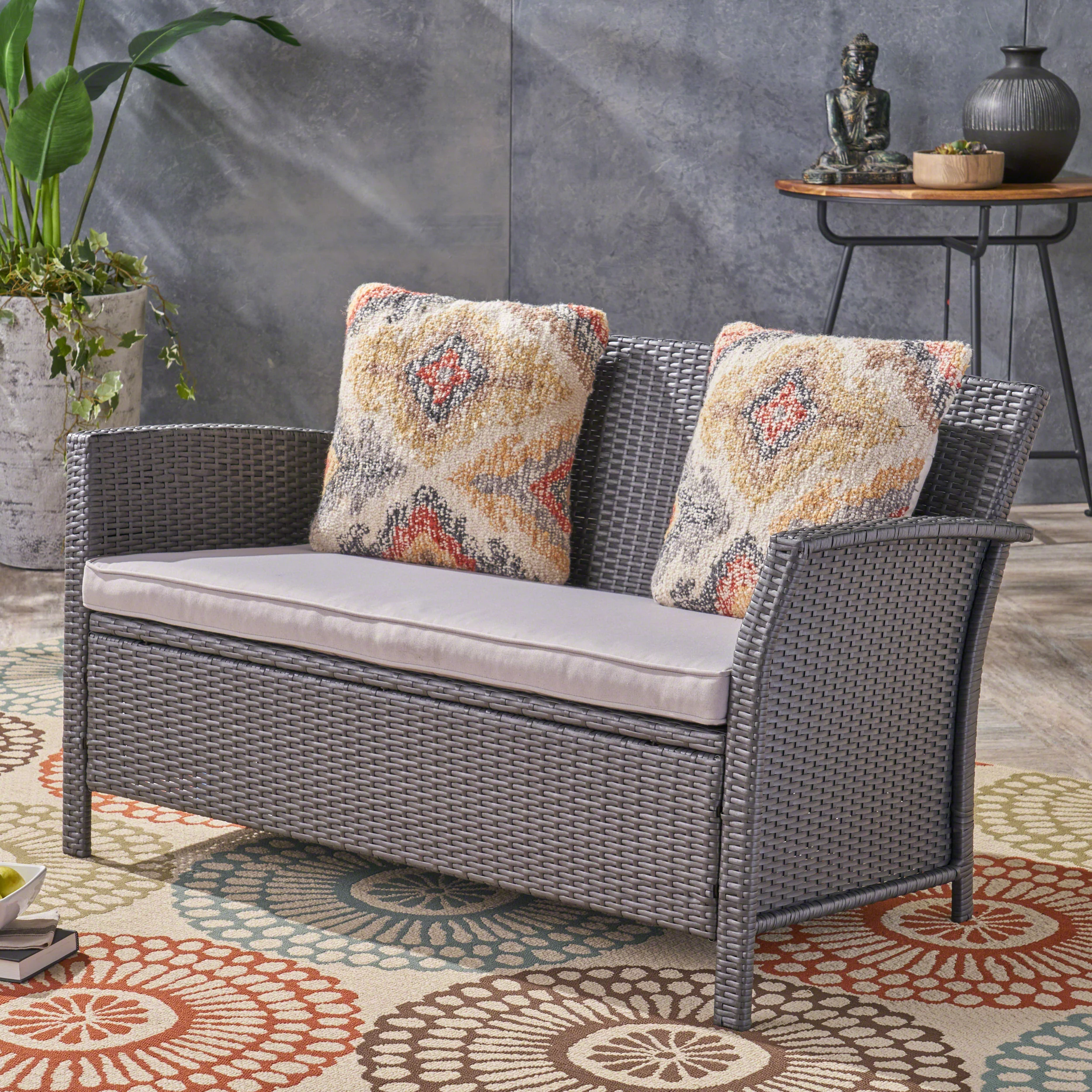 GDF Studio Raina Outdoor Wicker Loveseat with Cushion, Light Gray and Gray
