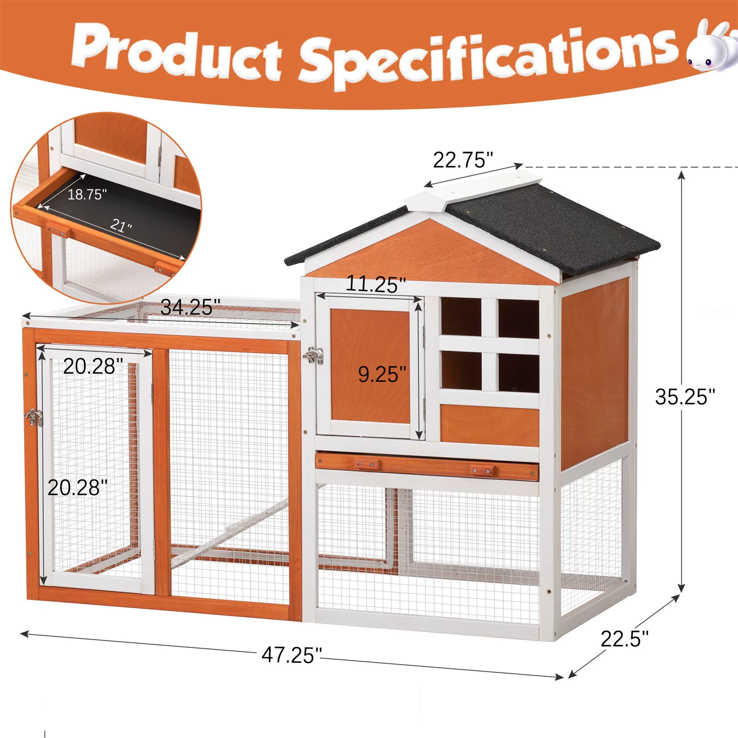 Pefilos 2-Story Indoor Rabbit Hutch, Waterproof Outdoor Garden Bunny Poultry Cage Hen House for Pet Animal, Wooden Large Chicken Coop w/ Nesting Box, Orange