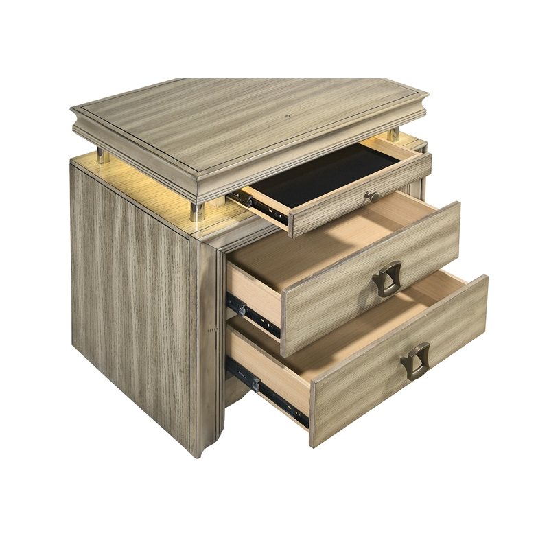 Pemberly Row 3-drawer Wood Nightstand Bedside Table with LED Rustic Beige