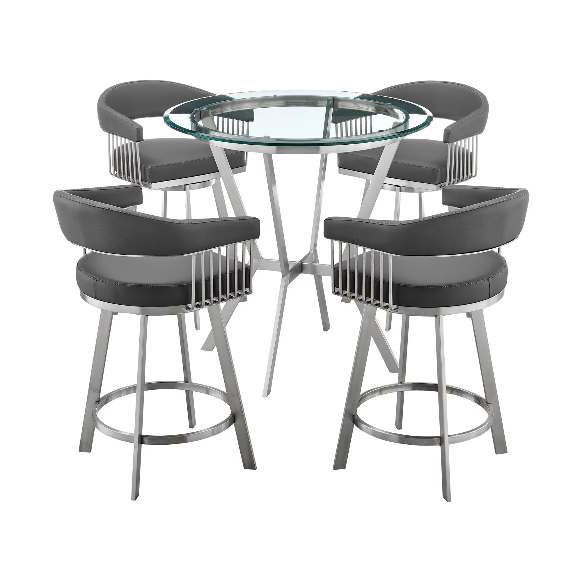Armen Living Naomi and Chelsea 5-Piece Counter Height Dining Set in Brushed Stainless Steel and Grey Faux Leather