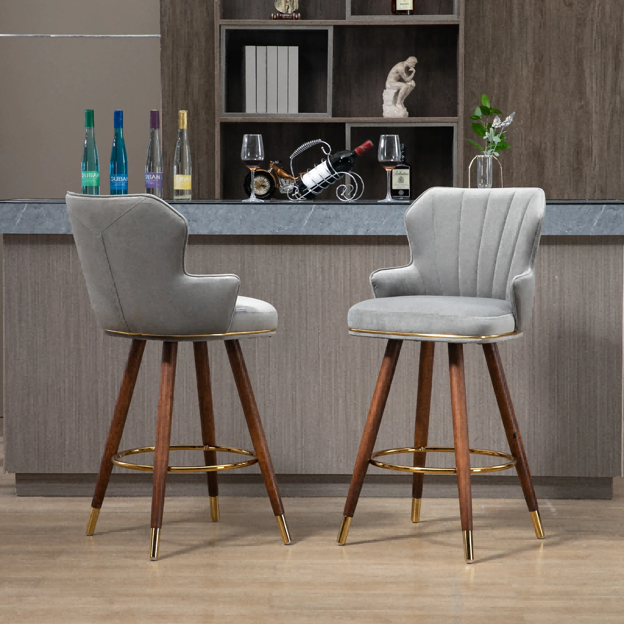 Upholstered Bar Stools, Counter Height Bar Stool Chairs with Solid Wood Legs and Backrest Kitchen Island Padded Barstools with 360-degree Footrest High Dining(Gray,Set of 2)