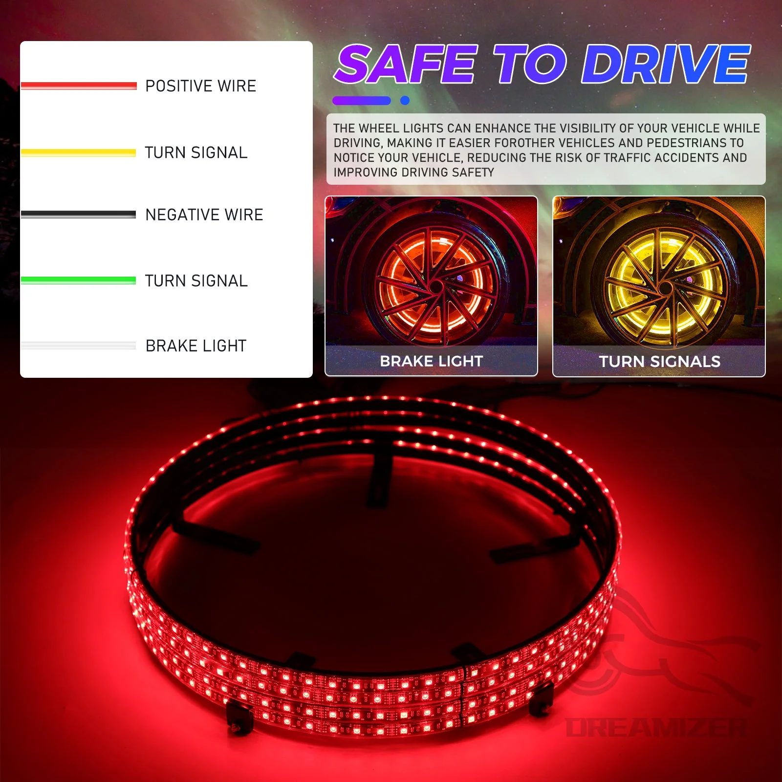 4PCS 15.5inch RGB LED Wheel Ring Light Kit Bluetooth Control w/Turn Signal and Braking Function can Controlled by Remote and APP(Double Row)